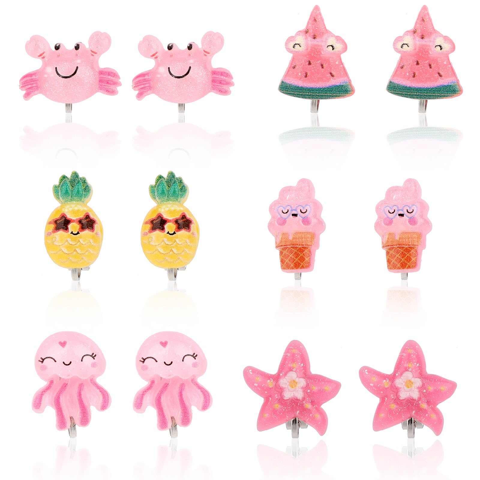 6 Pair Kids Clip On Earrings, Resin Non-Pierced Magnetic Earrings Beach-Inspired Octopus Crab and More Design Summer Theme Ear Clip Dress Up Jewelry Accessory for Girls (6 Styles)
