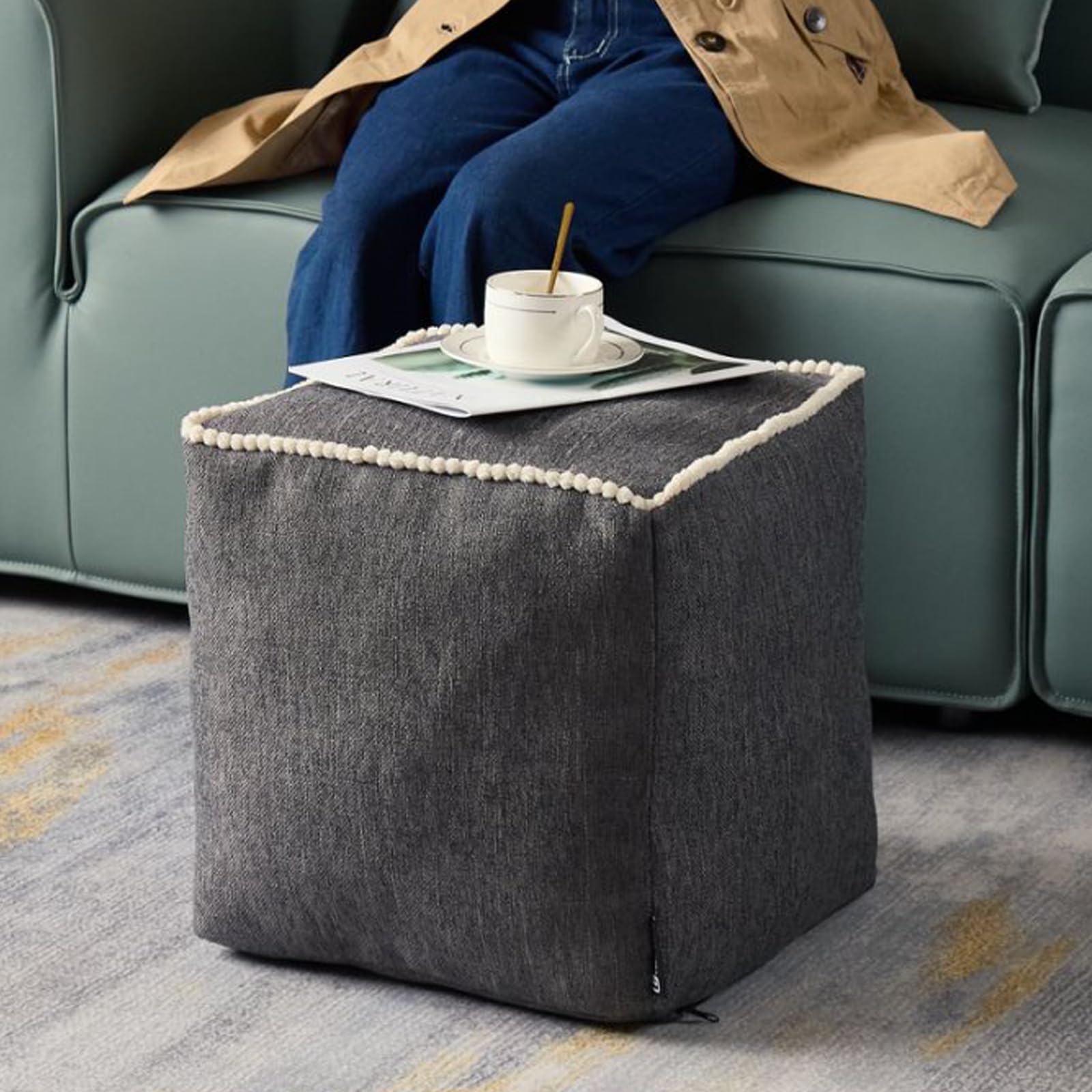 Louis Donné Unstuffed Storage Pouf Ottoman Cover - Square Cotton Linen Footstool Chair for Living Room Nursery, DIY Bean Bag for Stuffed Animal