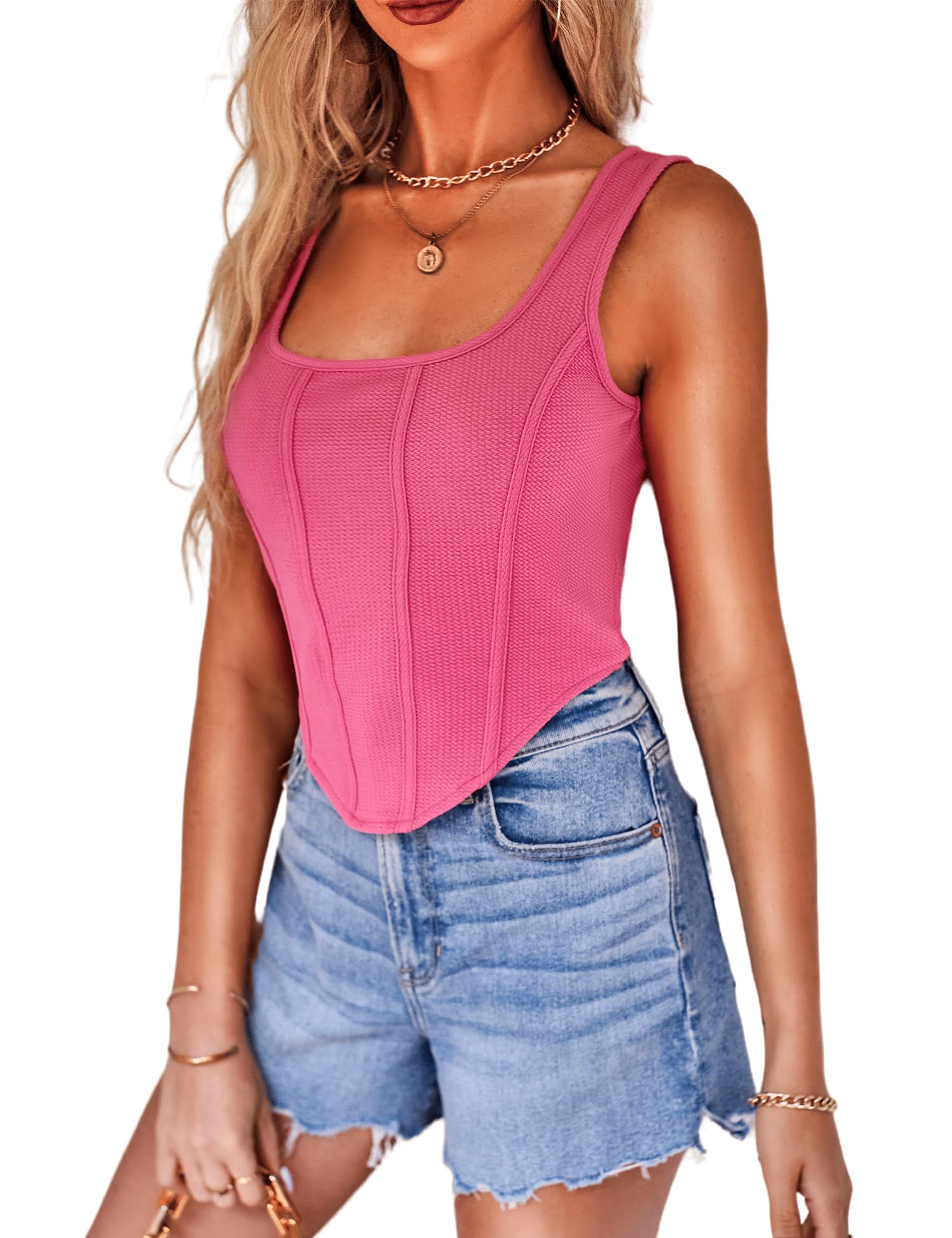 Women Square Neck Tank Tops Hanky Hem Summer Crop Corset Tops Shirts Blouses