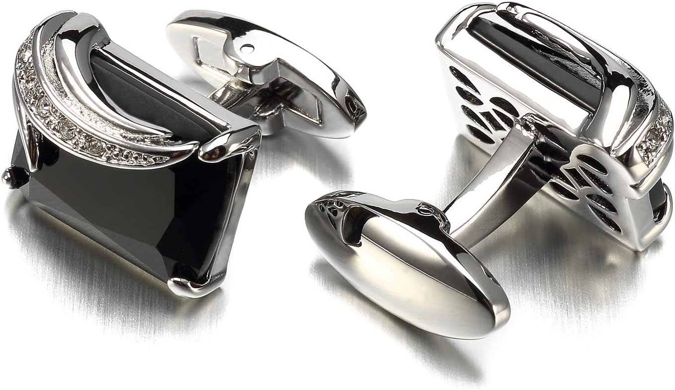 LEPTONCrystal Cufflinks For Men,Christmas Gift Blue Or Black Color Glass Platinum or 18K Gold Plated Luxurious Cufflink With Delicate Gift Box, Perfect For Father Day Wedding Party or Business Significant Occasion
