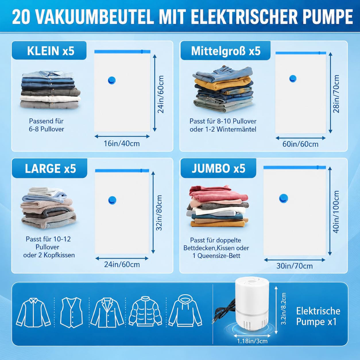 Vakuumbeutel für Kleidung 20 Stück mit Elektrischer Luftpumpe Vakuumierbeutel (5xJumbo/5xGroß/5xMittel/5xKlein) Wiederverwendbar Platzsparend Vakuumbeutel für Bettdecken,Kleidung,Reise,Kissen