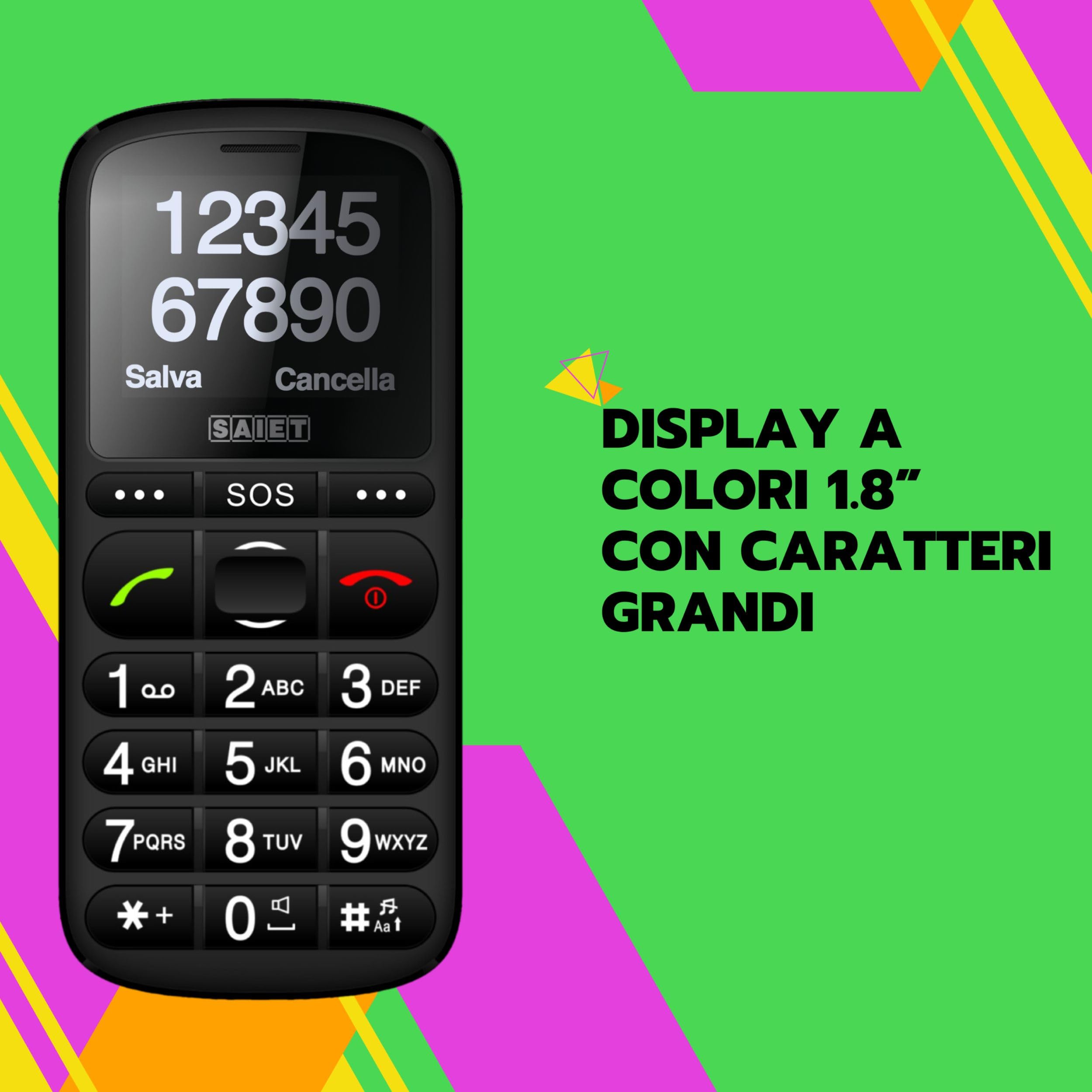 SAIET - Cellulare per Senior Facile da Usare PRONTO MAX - Telefono con Tasti Parlanti e Caratteri Grandi - Ideale per Anziani - Nero