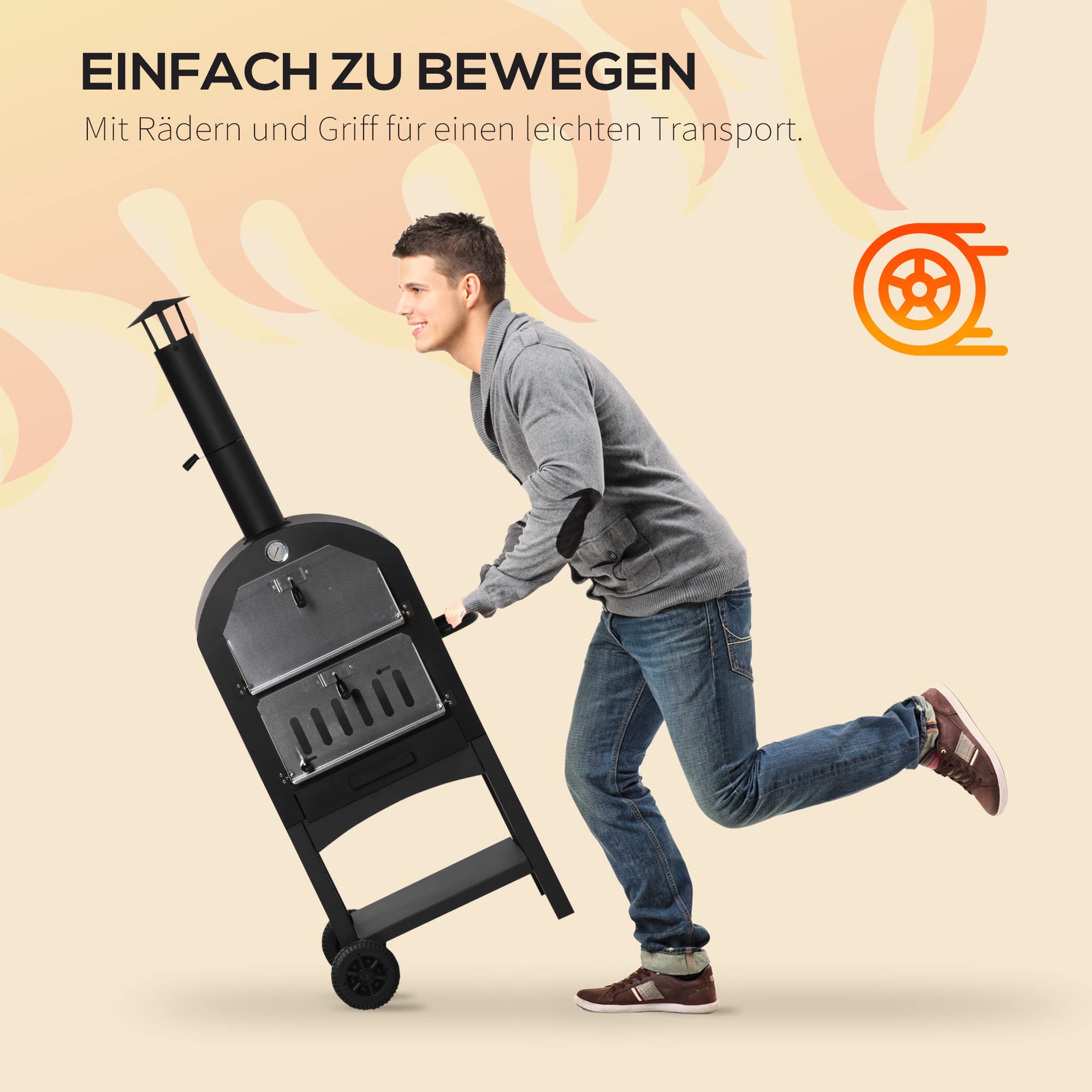 Outsunny 2-In-1 Pizzaofen Outdoor mit Rollen Grillofen Schutzhülle Pizzaschaufel Grillnetzen Grillwagen Schornstein 3-Tier Holzbackofen BBQ Stahl Schwarz Silber 63x54x161 cm