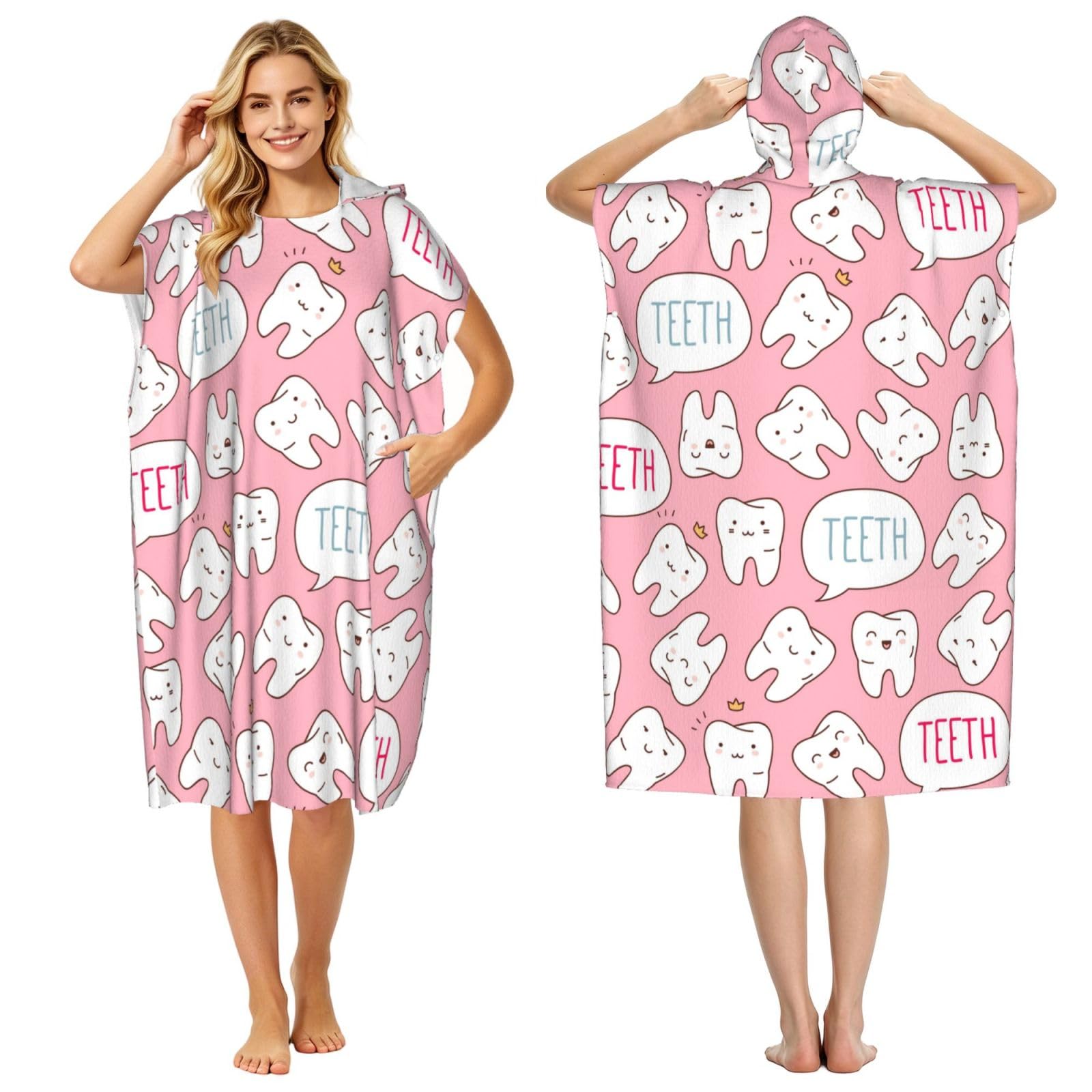 Poadnly Kawaii Dentist Teeth, Adult Hooded Beach Towel 90 x 110 cm,Changing Bath Robe, Surf Poncho Towel For Women Men