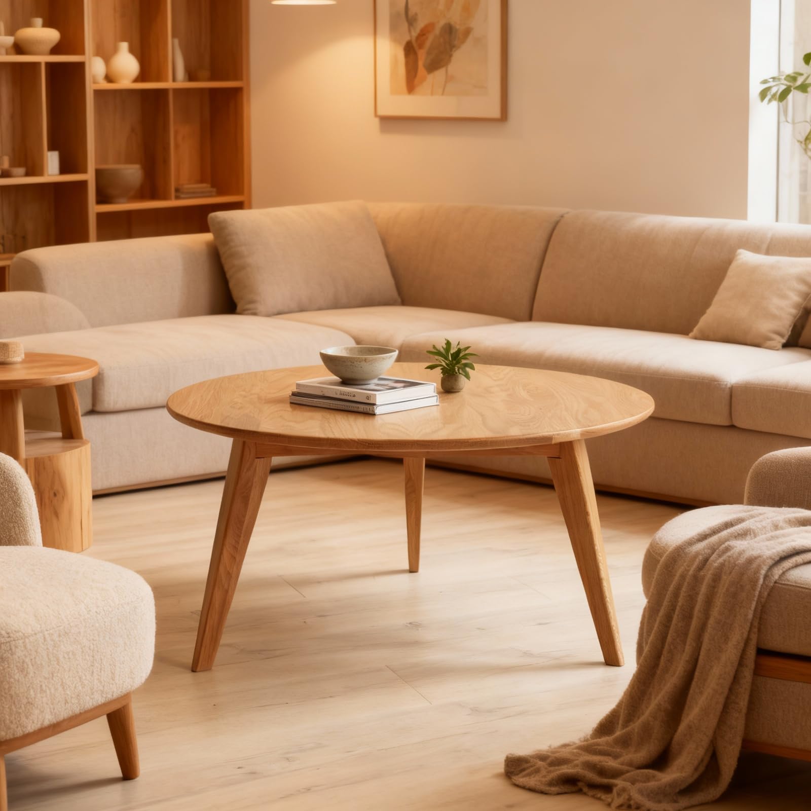 Vadisun 100% Solid Oak Wood Mini Coffee Table, Round Side Table w/Solid Wood Legs, Minimalist Coffee Table w/Sturdy Frame for Bedroom Balcony Living