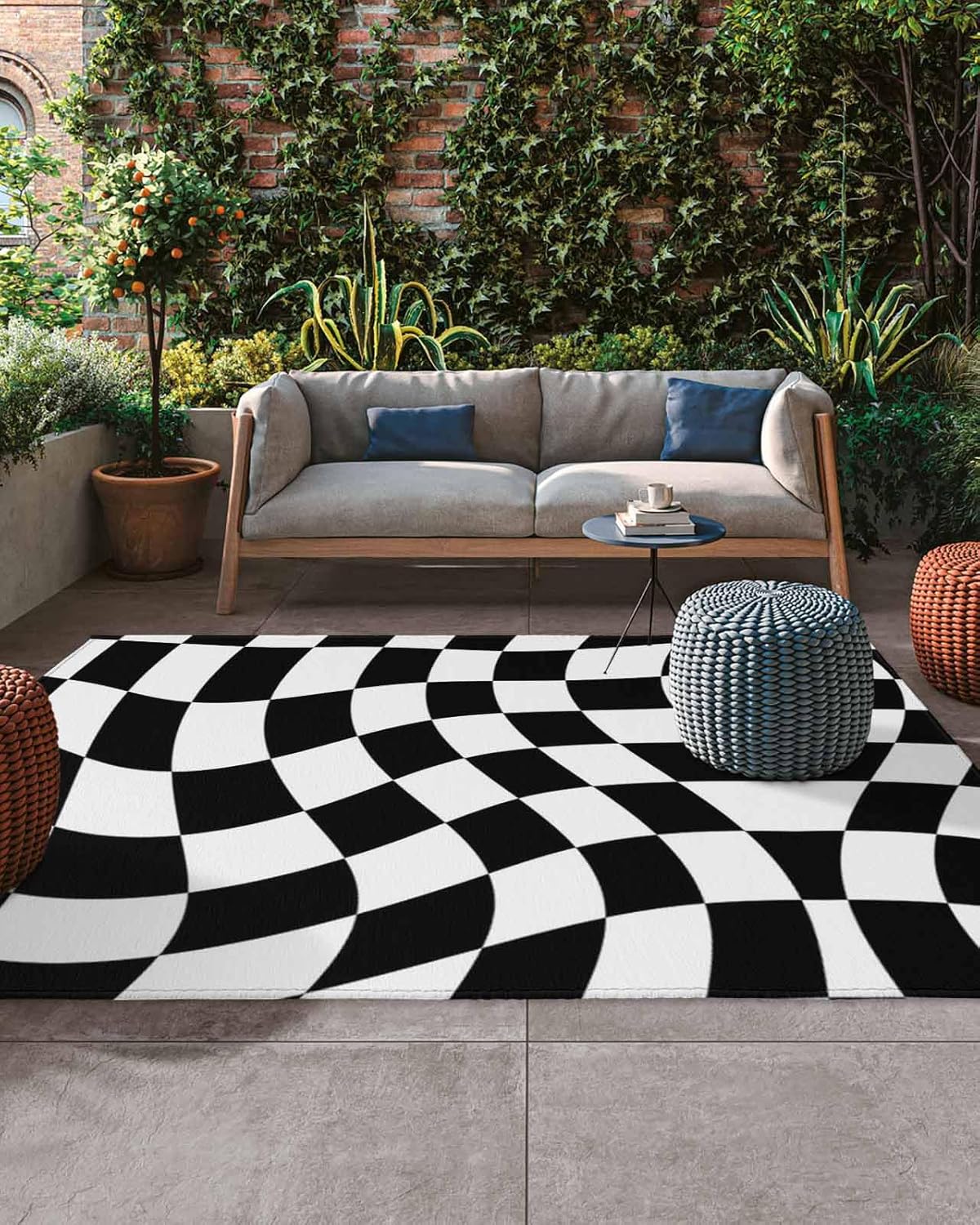 Outdoor Rug for Patio, Large Floor Mat Black and White Grid