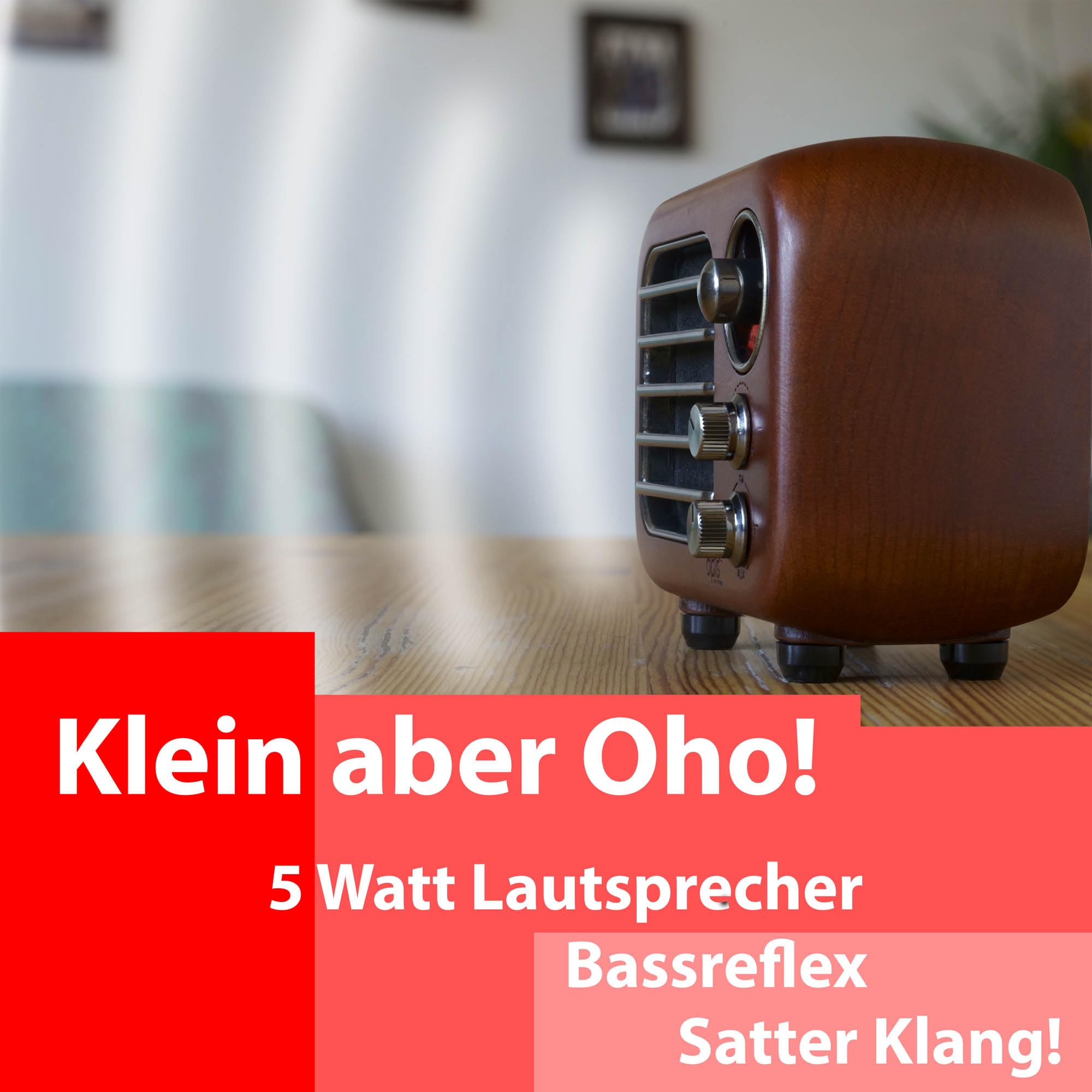 Opis Radio 3 – Kleiner Kirschholz Retro Bluetooth Lautsprecher mit UKW Radio mit Bluetooth im Vintage Look - SD-Kartenfunktion und AUX Eingang