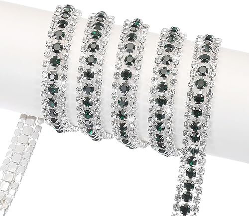 MECCANIXITY Cadena de 5 yardas, 0.354 in, 3 filas de diamantes de imitación de cristal con cierre de cadena para coser, manualidades, joyería de