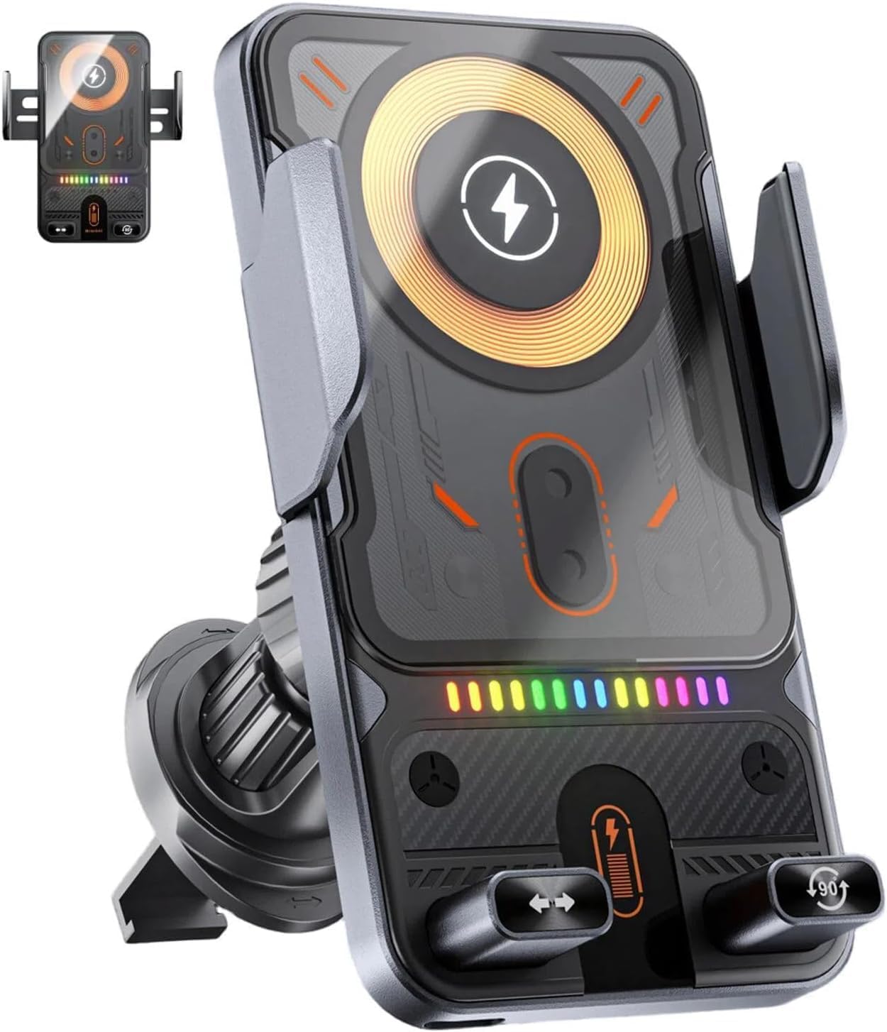 2026 New Cool Car Wireless Fast Charging Holder,Wireless Charging Rotating Car Mount, Motorized 90° Rotating,Smart Sensor Open,Between Horizontal Vertical, for All Smartphones Automatic Clamp (Grey)