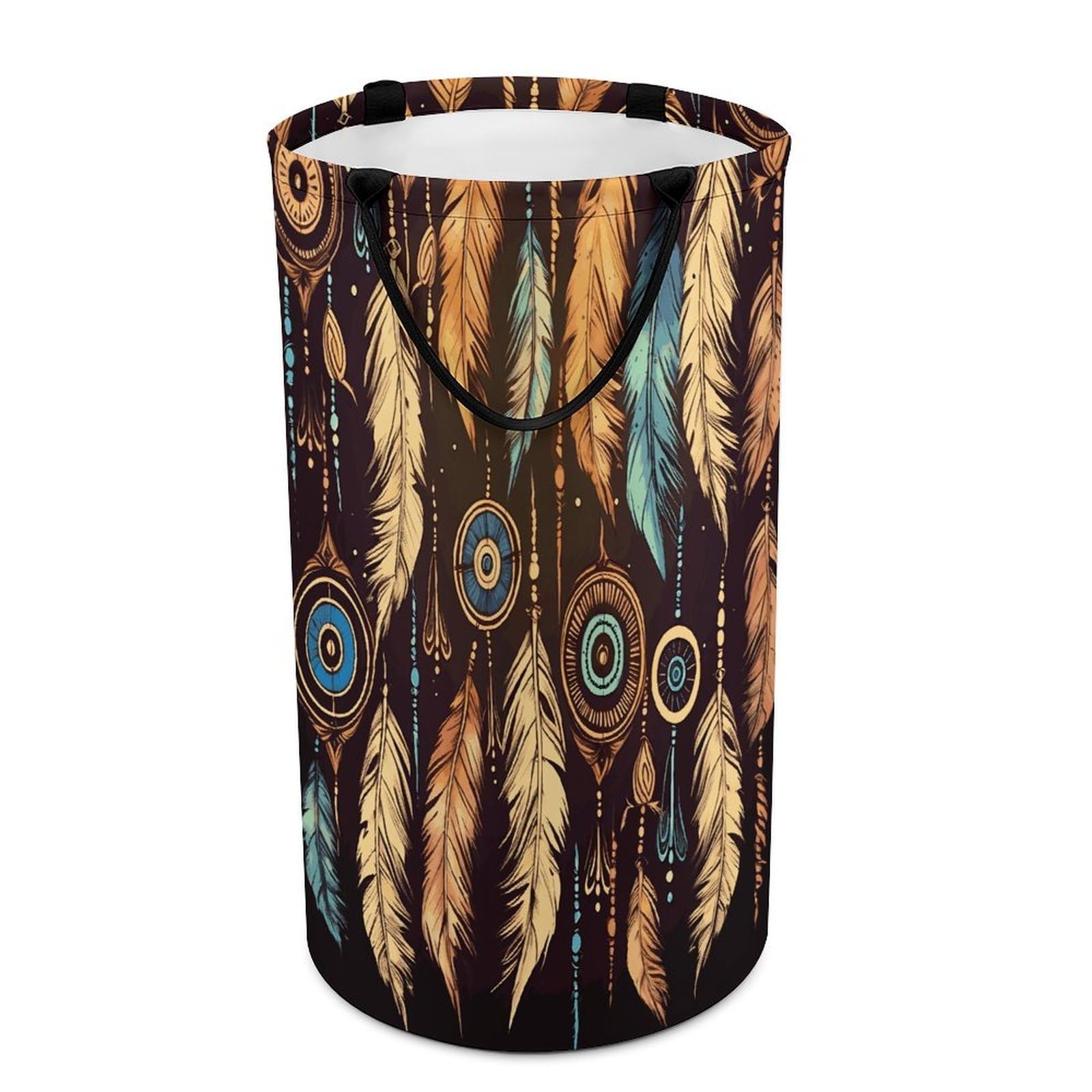 Vintage Ethnic Tribal Feather Laundry Basket Waterproof Laundry Hamper Freestanding Collapsible Clothes Hamper with Reinforced Handles 86L Large Foldable Tall Clothes Basket for Bathroom