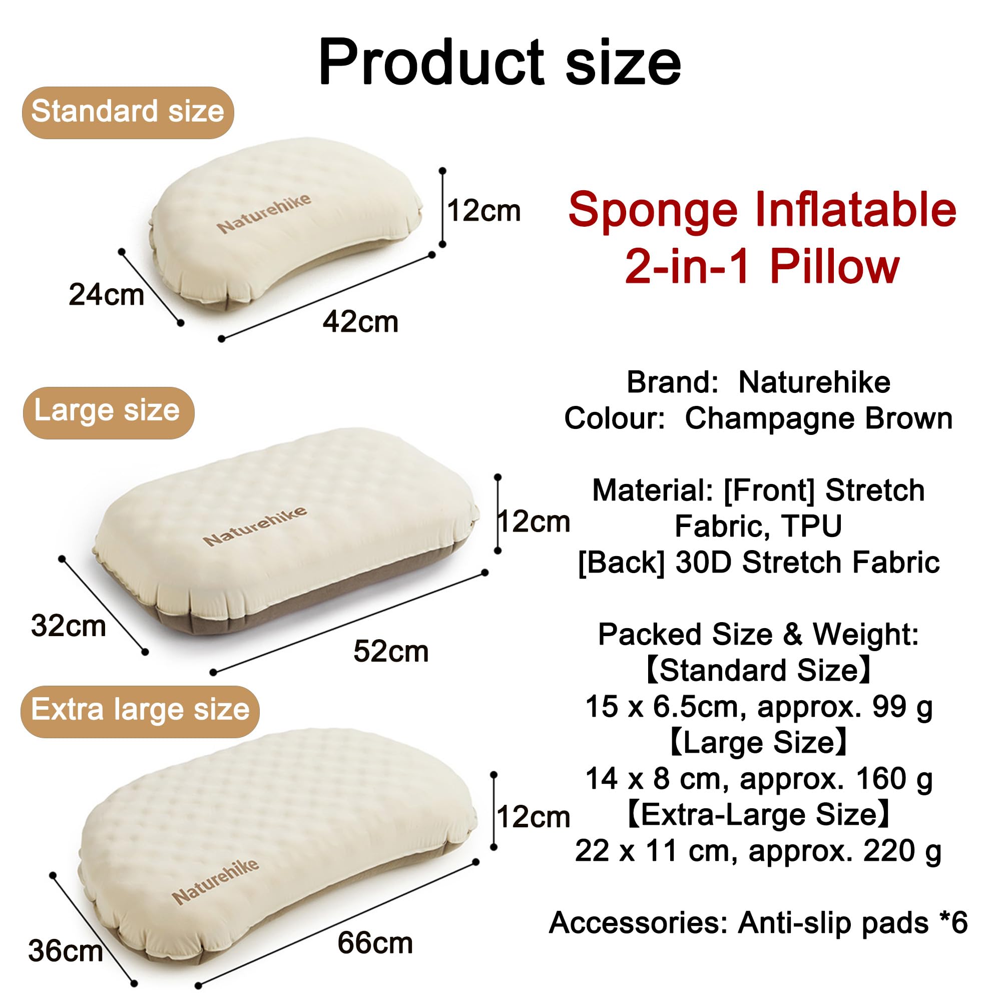 Naturehike Cuscino gonfiabile in schiuma 2 in 1, ultraleggero, gonfiabile, da campeggio, ergonomico, 3 misure, ideale per attività all'aperto, escursionismo (misura grande)