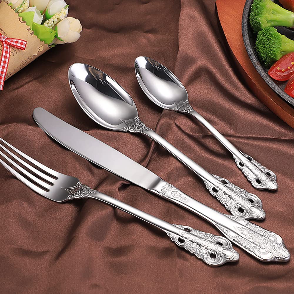 Juego de cubiertos de plata para 4 personas, juego de cubiertos de acero inoxidable KANBUN de 20 piezas, vajilla estilo corte, juego de cubiertos de lujo apto para lavavajillas, para banquetes,