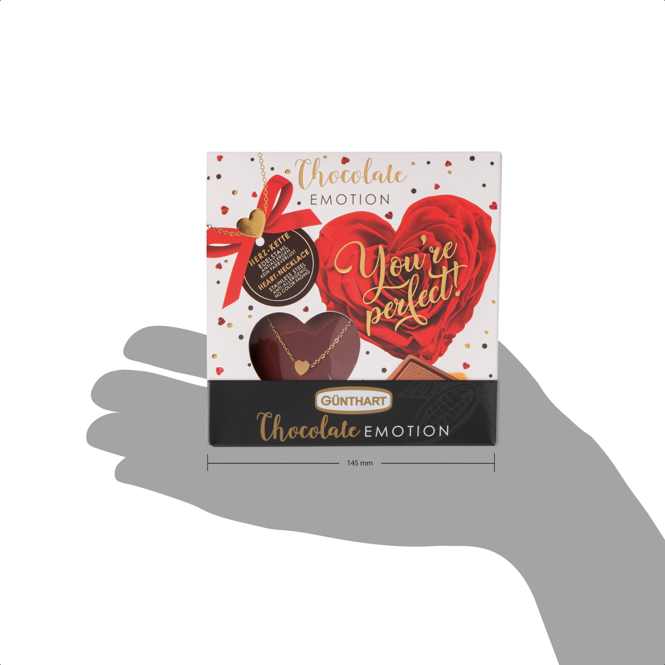 Günthart 12 Stück Pralinen Emotion Präsent "Youre perfect" mit Schokolade gefüllt und Herzkette, (1er Pack 600 gr)