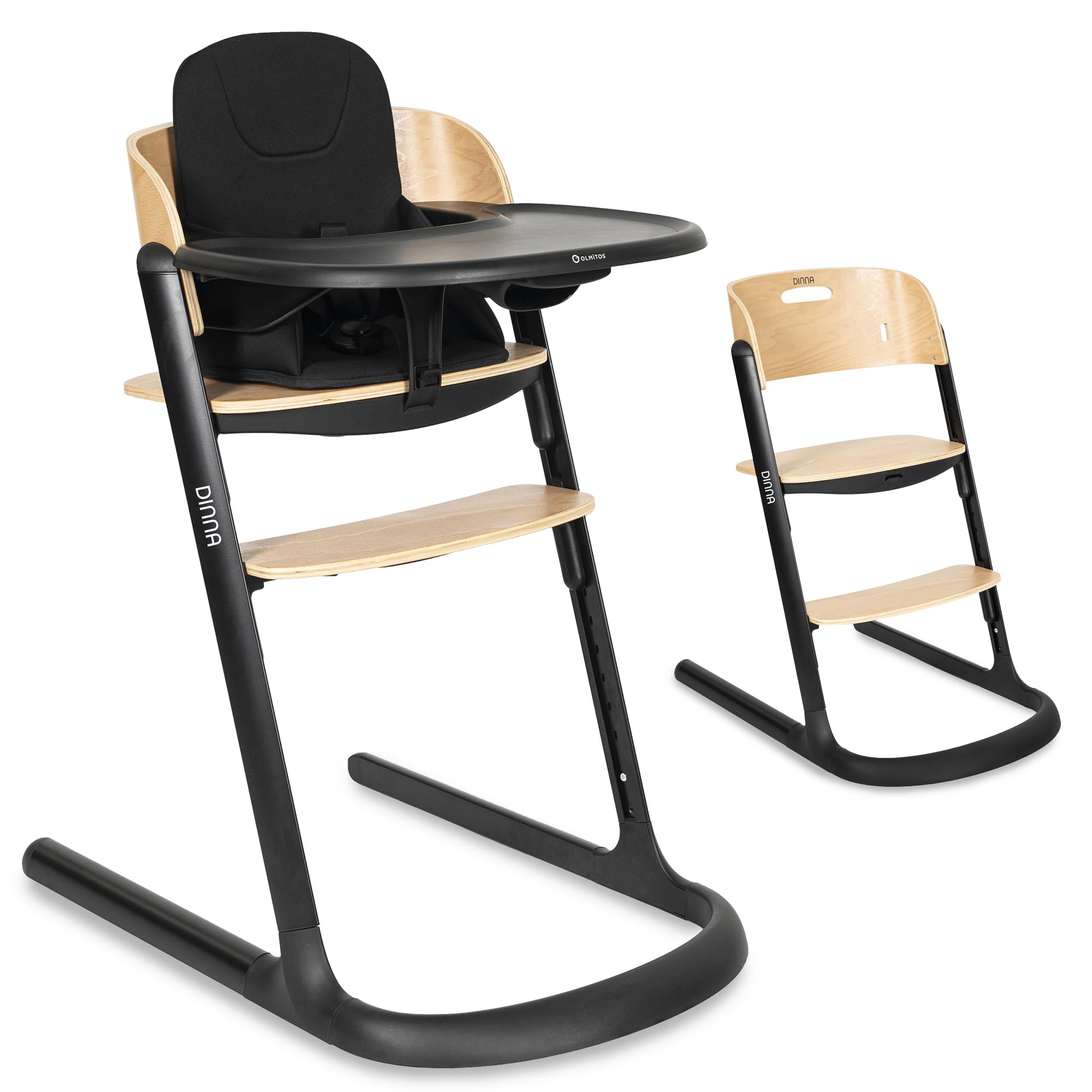 Olmitos Trona evolutiva de madera 2 en 1 DINNA Silla infantil Evolutiva y convertible desde 6 meses hasta adolescencia | Ajustable en altura y profundidad, bandeja extraíble y arnés 5 puntos (Negro)