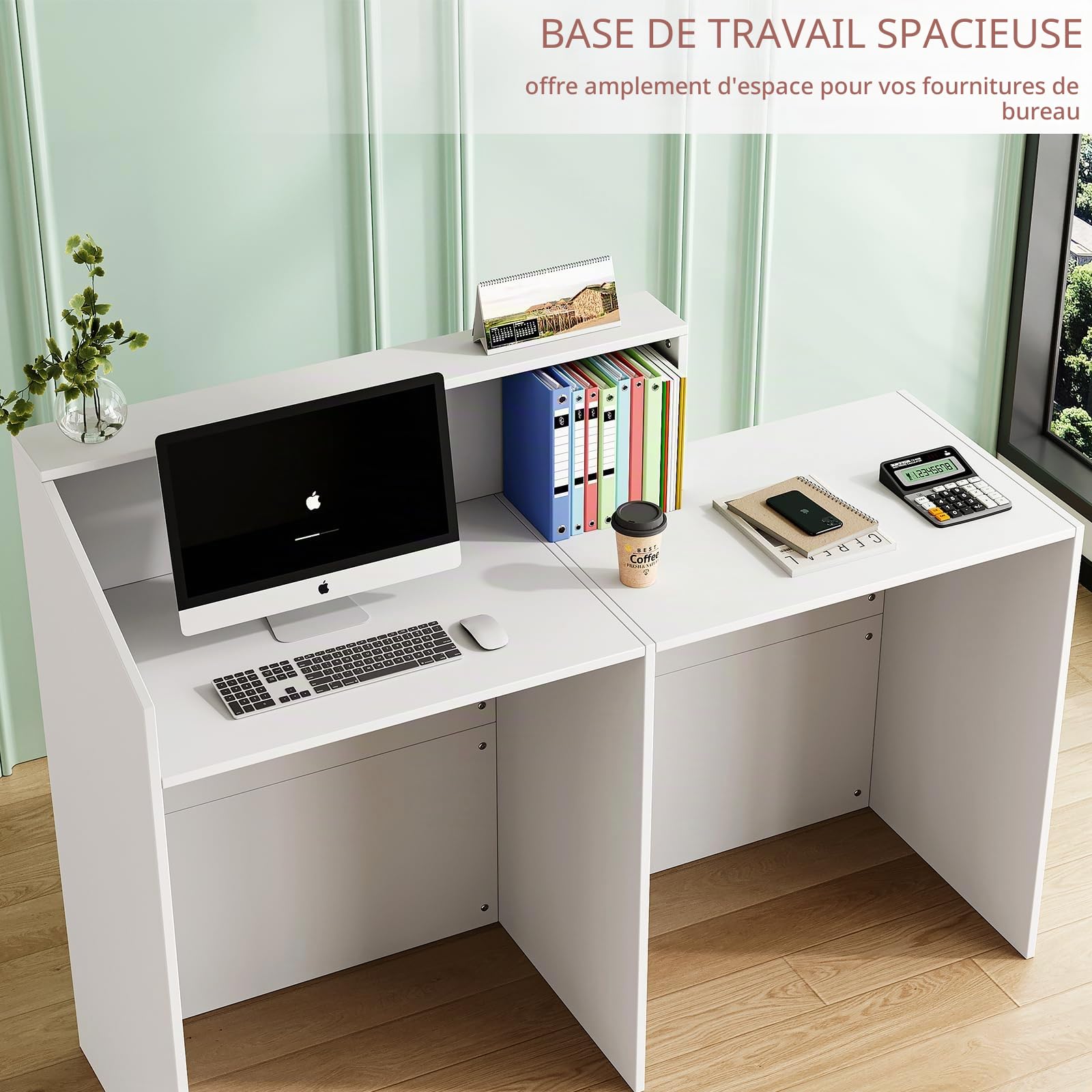 Comptoir de réception blanc 133 x 45 x 100 cm, comptoir de réception, comptoir de réception avec grande surface de travail, comptoir de réception, comptoir de caisse, table de réception, simplicité