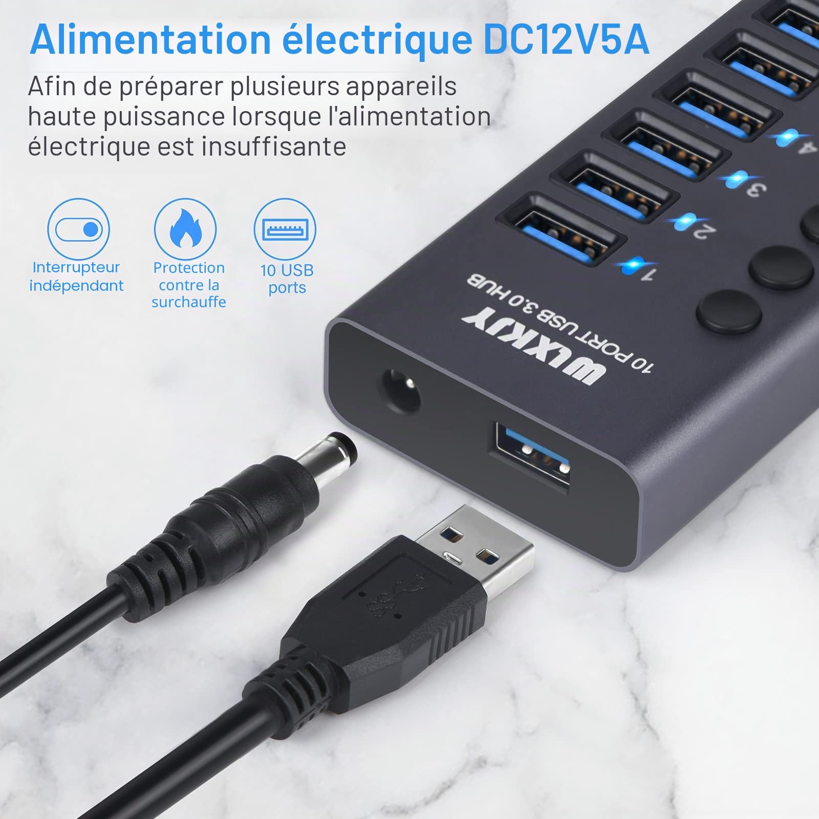 Aktiver Hub mit 72W (24V/3A) Netzteil, 10 Aluminium Ports USB 3.0 Hub zum Laden und Hochgeschwindigkeitsdatentransfer, Multiport USB 3.0 Splitter mit Einzelschaltern, USB-C Adapter