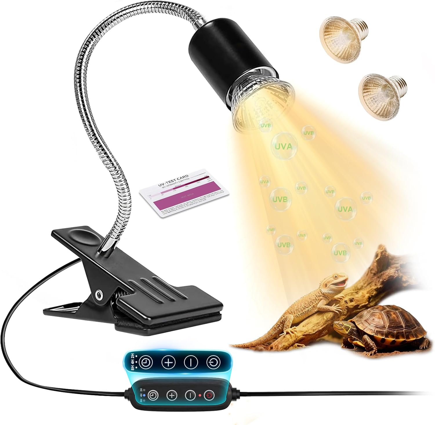 Reptile Heat Lamp Turtle Light - Long Lasting Ceramic Socket Basking Lamp with Auto Timer & Dimmer, 2 E27 Bulbs (25W & 50W) with UVB Support & Test Card for Turtles, Tortoises, Bearded Dragons, Geckos