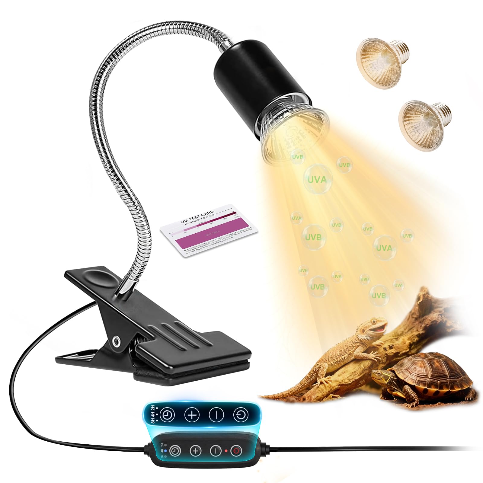 Reptile Heat Lamp Turtle Light - Long Lasting Ceramic Socket Basking Lamp with Auto Timer & Dimmer, 2 E27 Bulbs (25W & 50W) with UVB Support & Test Card for Turtles, Tortoises, Bearded Dragons, Geckos