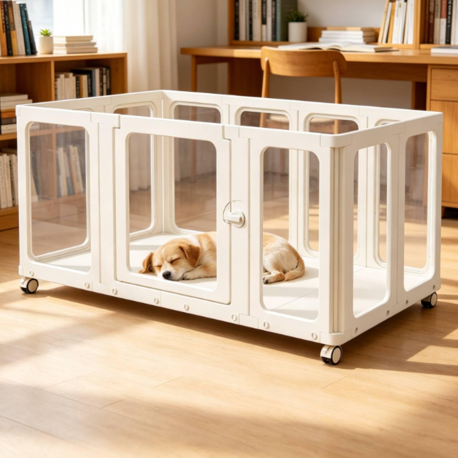 Portatile da Interno Modulare Recinzione Trasparente Box per Animali con Porta con Ganci di Bloccaggio E Base Rigida con Ruote Pannelli Chiari Telaio Bianco Adatto per Casa