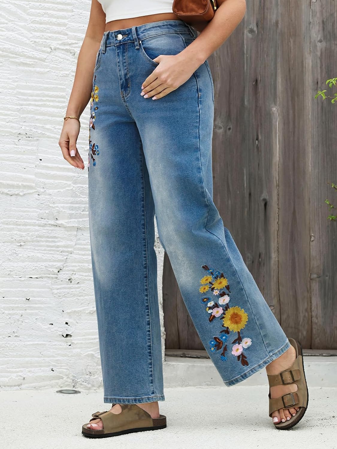 EZAPINE Embroidered Jeans for Women High Waist Floral Jeans with Pockets image 3