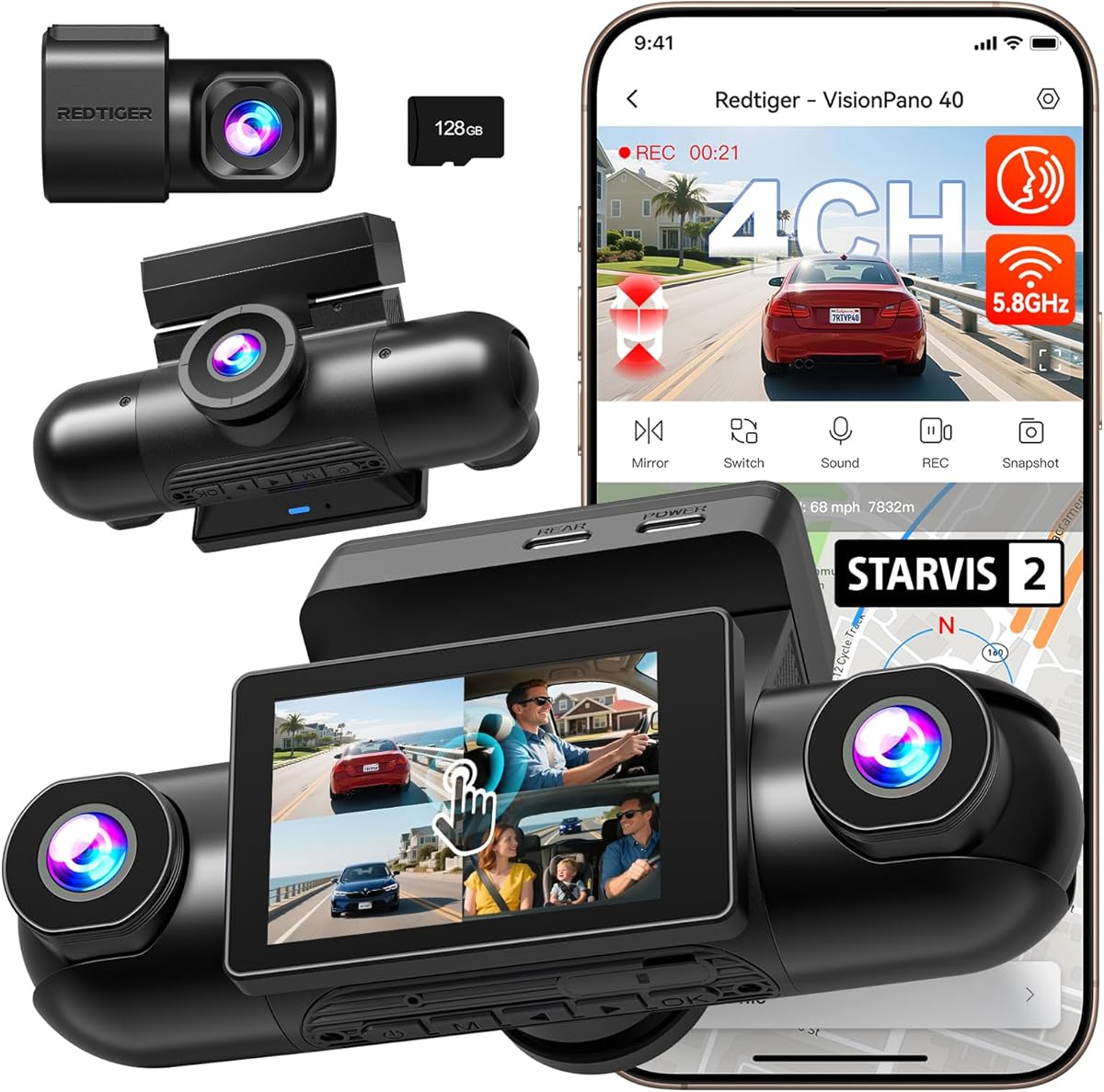REDTIGER 4 Channel 360° View Dash Cam, Dual STARVIS 2, 2.5K*2+1080P*2 Dashcam Front and Rear Inside Left Right, 5.8GHz WiFi, 8 IR Lights Night Vision, 4 Adjustable Lenses, Included 128GB Card (VP40)