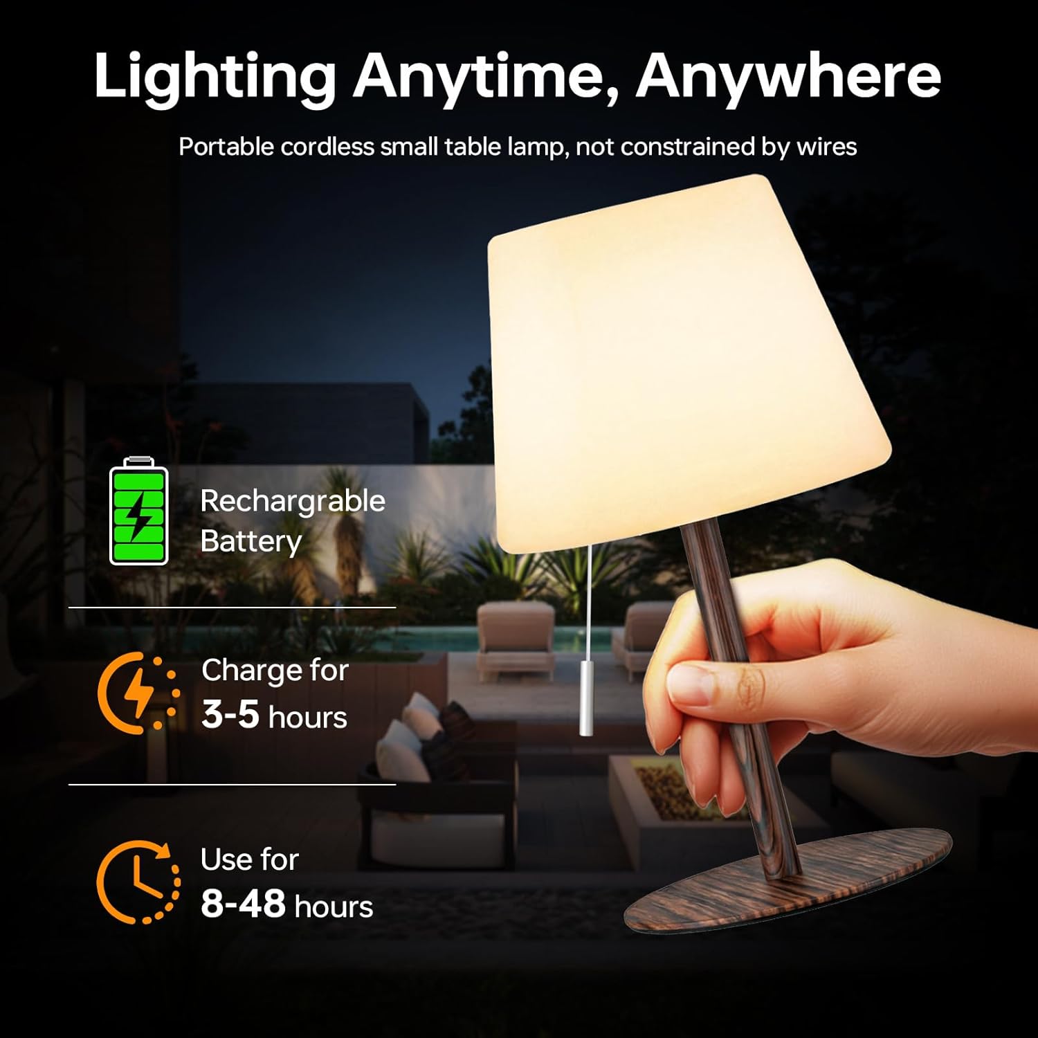 Gewiny Shower Lamp Battery Operated Outdoor Table Lamps Cordless Waterproof LED Dimmable Warm White and RGB Table Lamps Rechargeable Lamp Outdoor Lamps for Patio/Bathroom（Wood Grain）