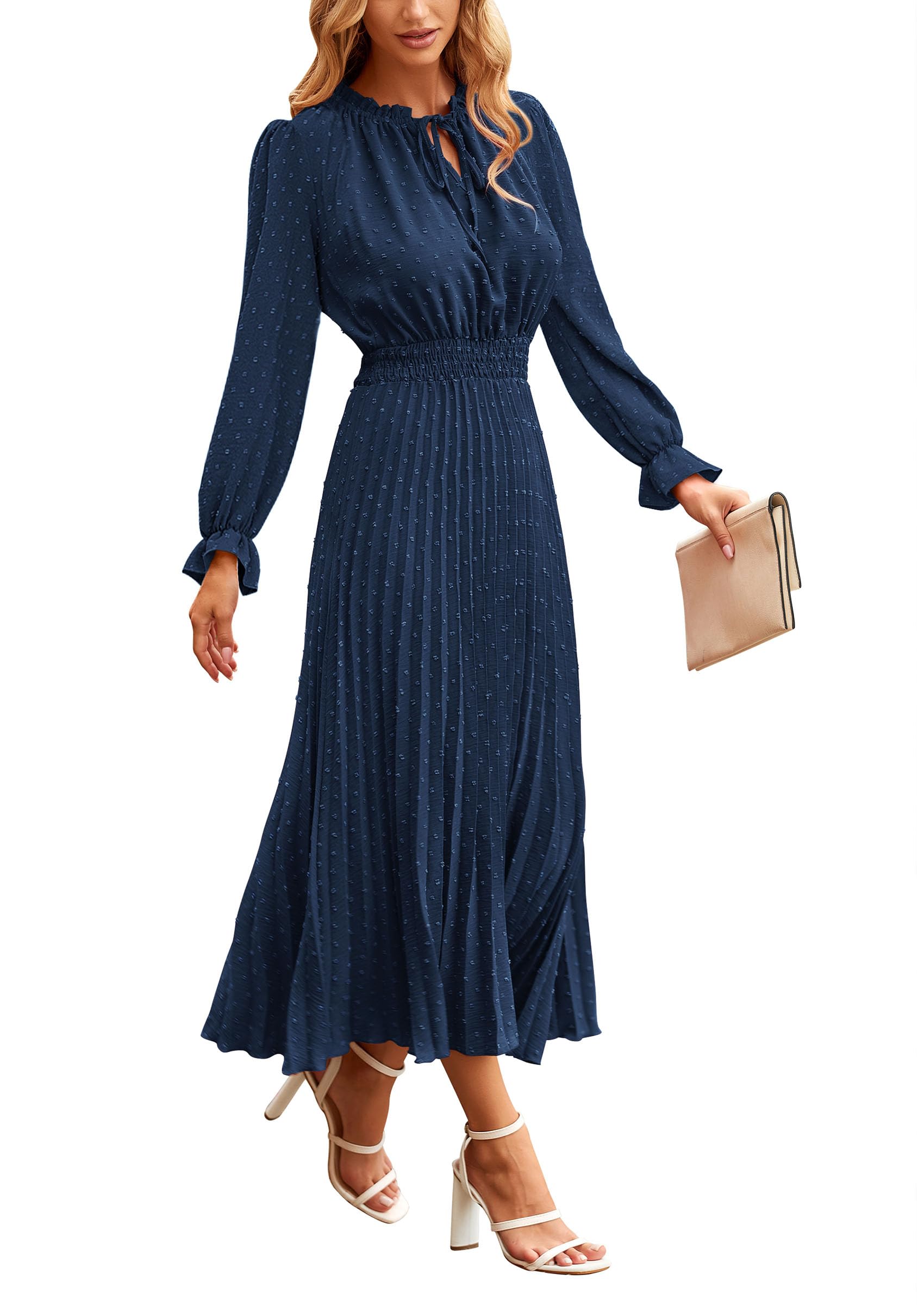 PRETTYGARDEN Women's 2025 Spring Fall Midi Dress Casual Long Sleeve V Neck Swiss Dot Pleated A Line Flowy Dresses