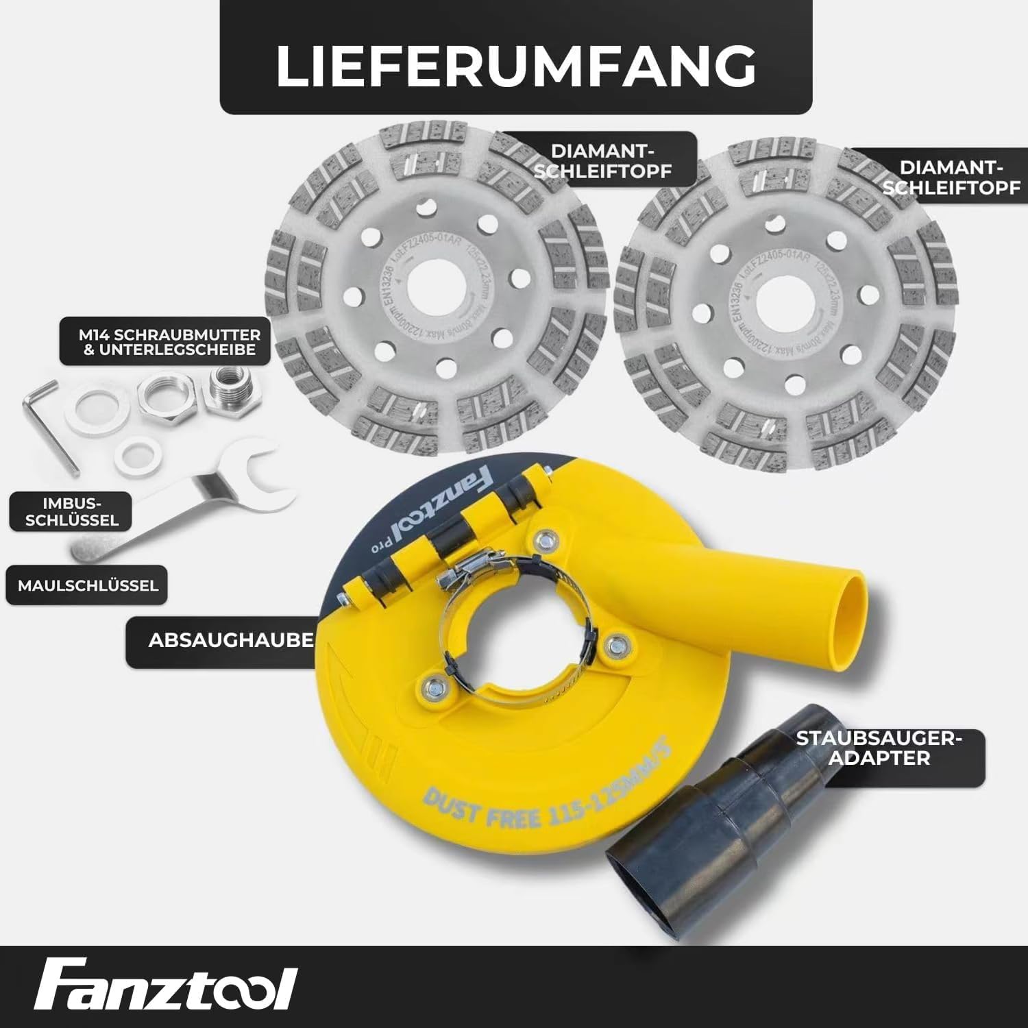 FANZTOOL 3. generacji pokrywa odsysająca do szlifierek kątowych w zestawie 125 mm diamentowa tarcza szlifierska *2 profesjonalna jakość – wymienne szczotki – 99% uniwersalne dopasowanie – wzmocniony