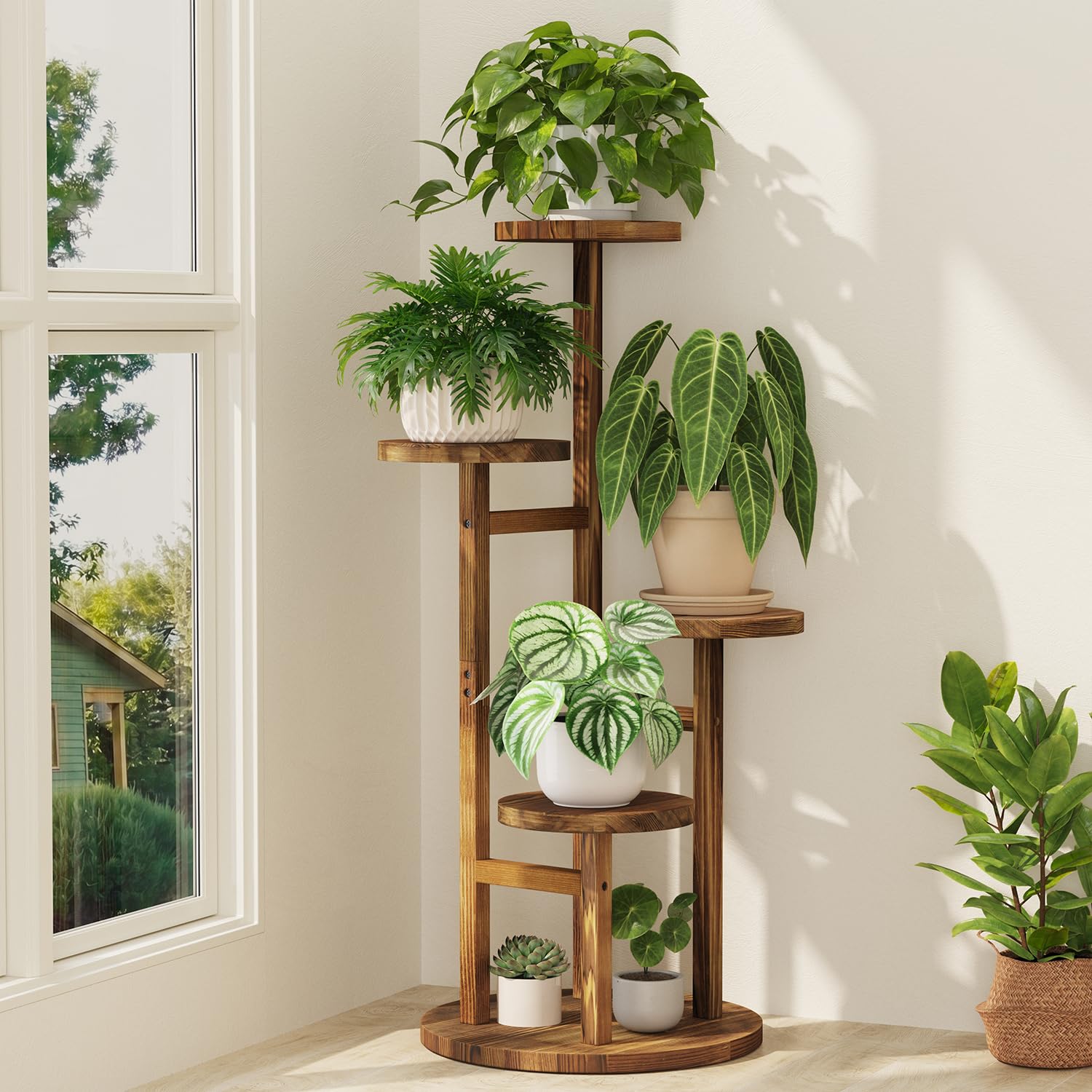 iDavosic.ly 4 Tier Wood Plant Stand Indoor Outdoor Corner Tall Shelf, Brown
