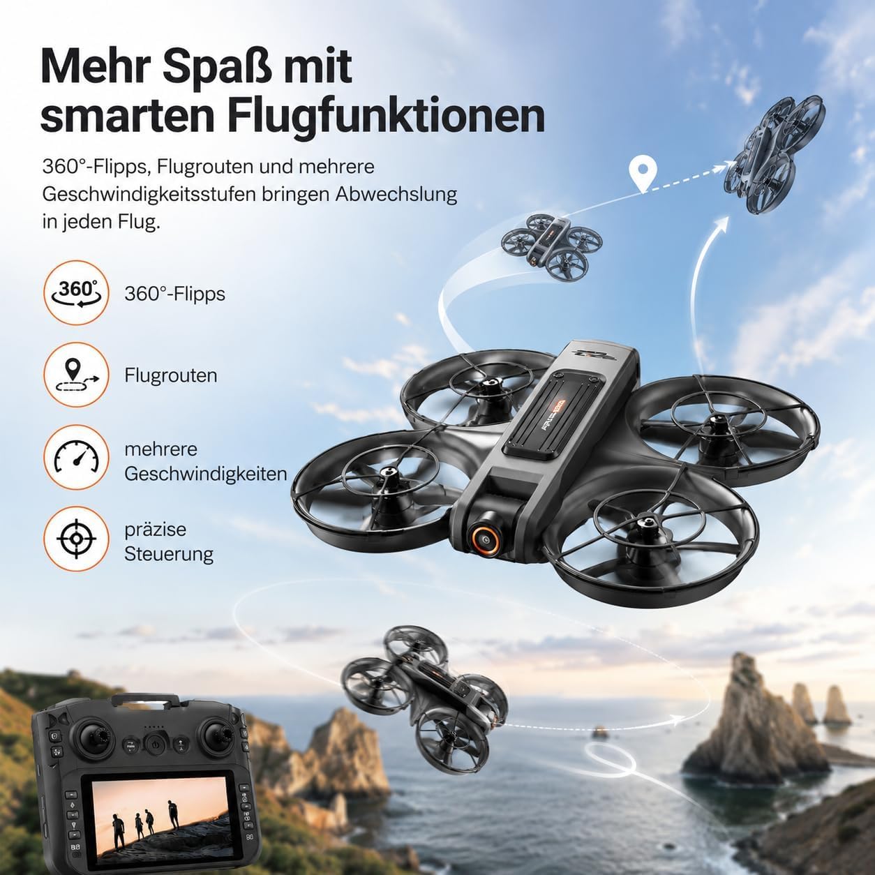RC Drohne mit HD Dual Kamera, Display Fernbedienung, Brushless Motor, 90° Kamera, FPV Livebild, Optical Flow, 360° Flip, LED, für Anfänger und Kinder (Schwarz, Akkus: 2 St.)