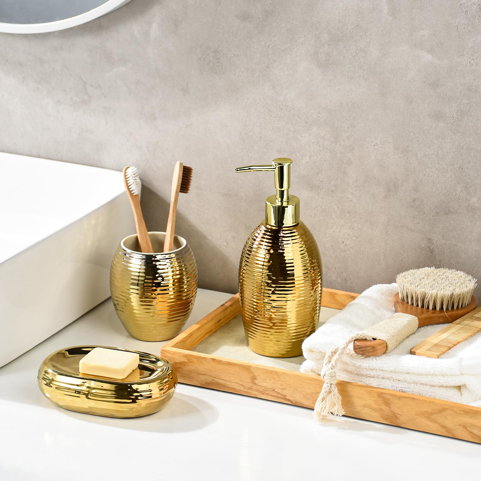Gold Seifenspender Set, 3-teiliges Keramik Badezimmer Zubehör Set, Badezimmer Seifenschale und Luxus Cup Set（Streifen）