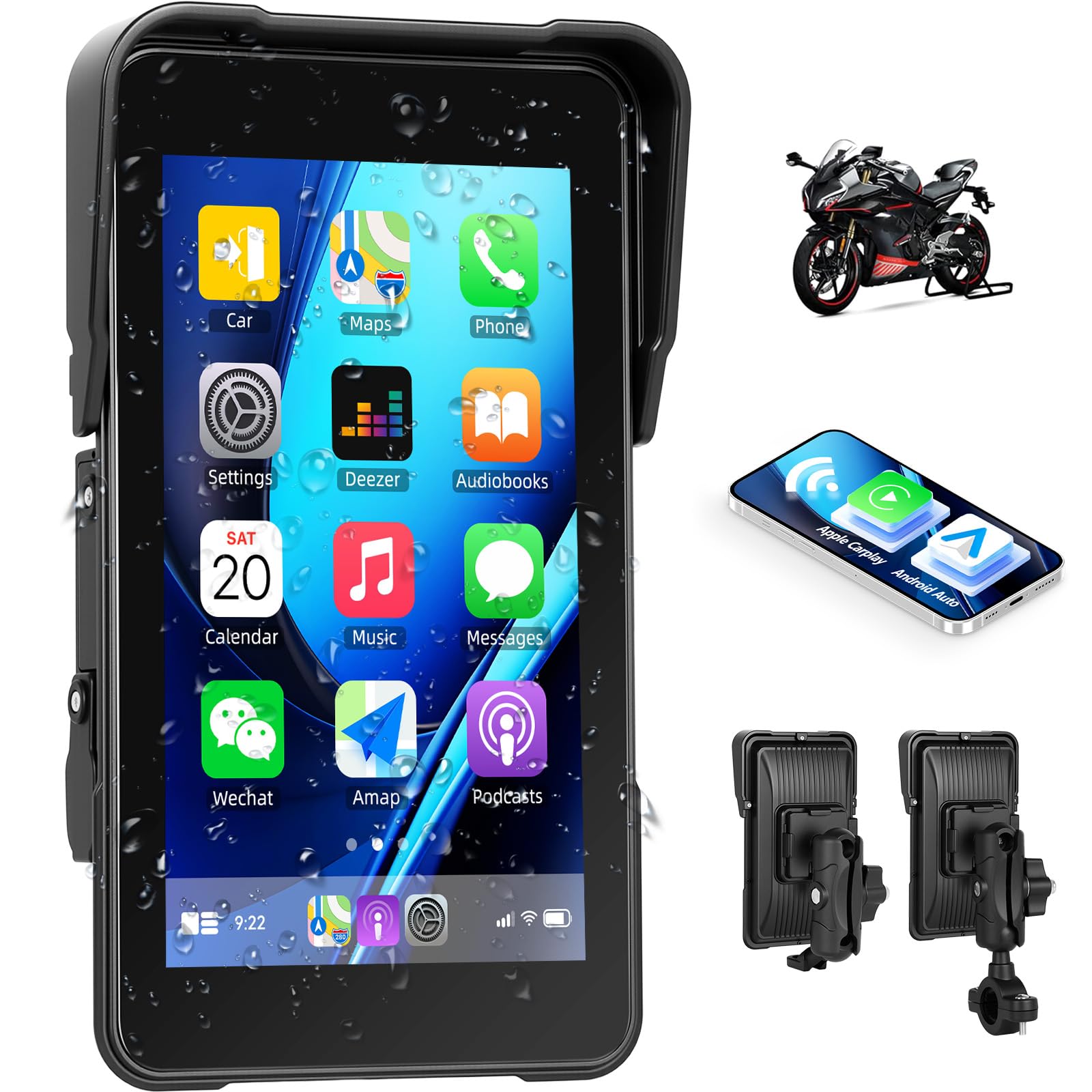CAMECHO [2026] Carplay Motorrad Dash Navi Display für Moto, 5 Zoll HD- Touchscreen Wasserdicht Motorcycle Navigationsgeräte mit Wireless Carplay Android Auto Bluetooth GPS FM EQ Ton