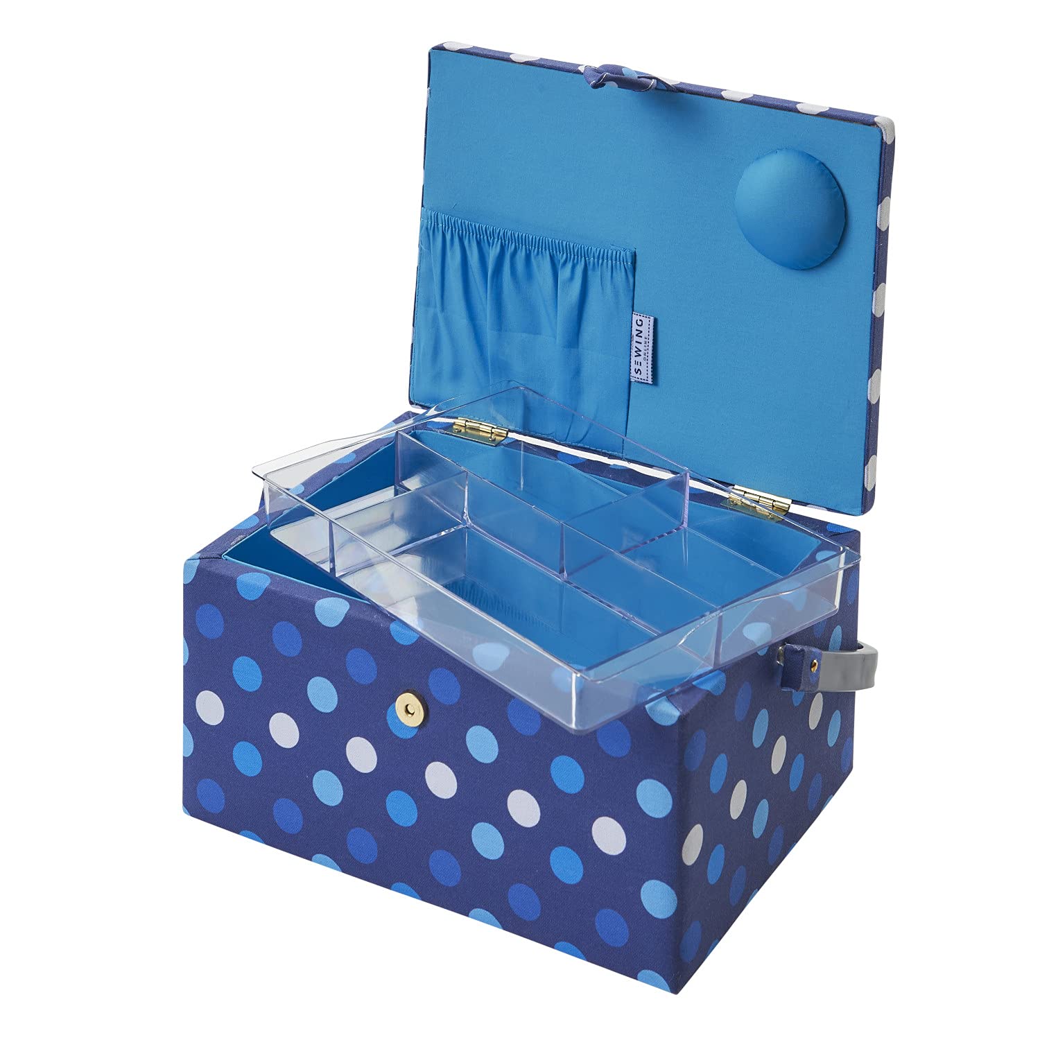 Scatola da cucito media con scomparti ricoperti di tessuto blu navy con macchie blu e bianche. 18,5x26x15 cm. Cucito in linea GA1123M