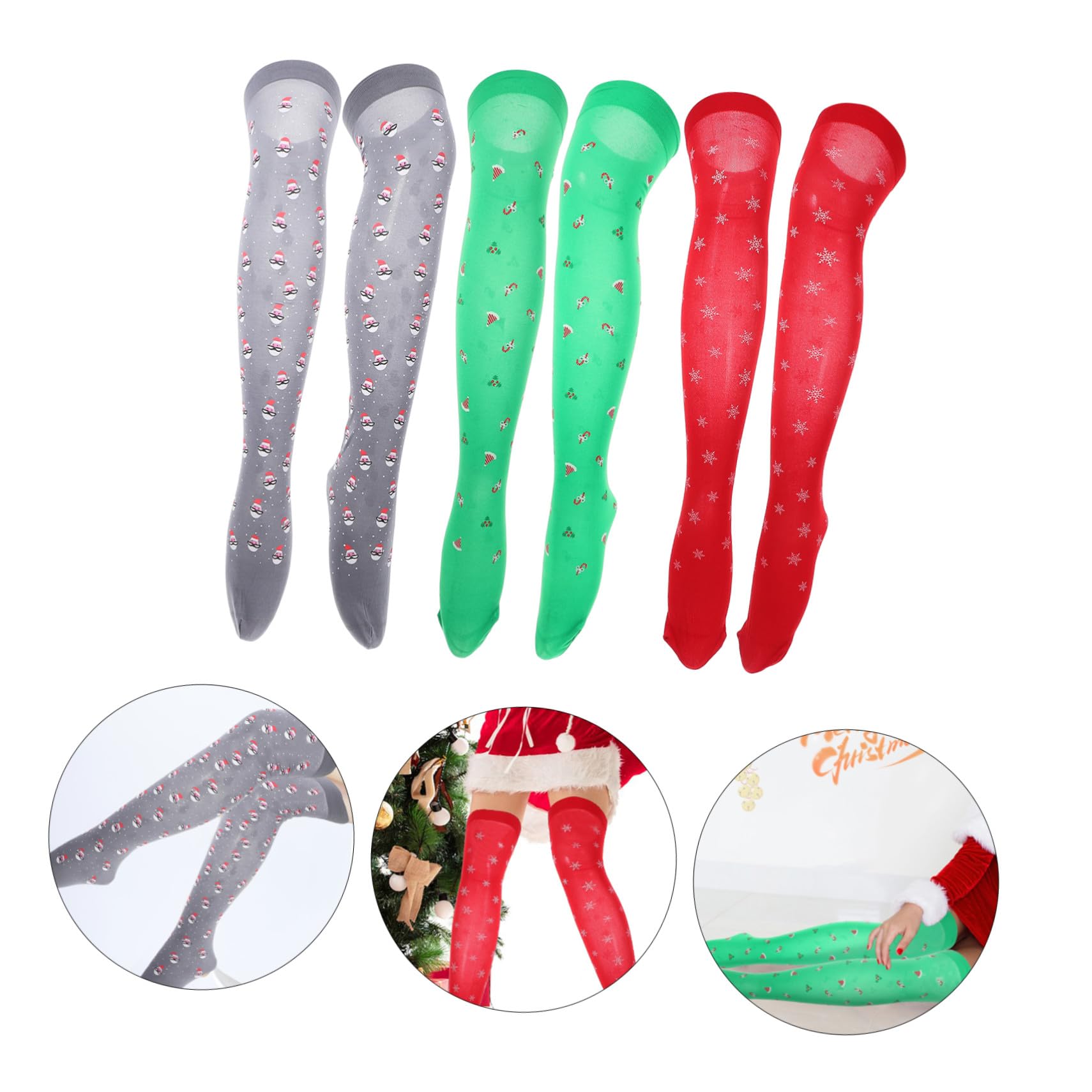 3pares Medias Navideñas De Seda Largas y Duraderas Calcetines Altos Para Mujer Medias Bonitas Diseño De Navidad Para Fiestas De Fin De Año