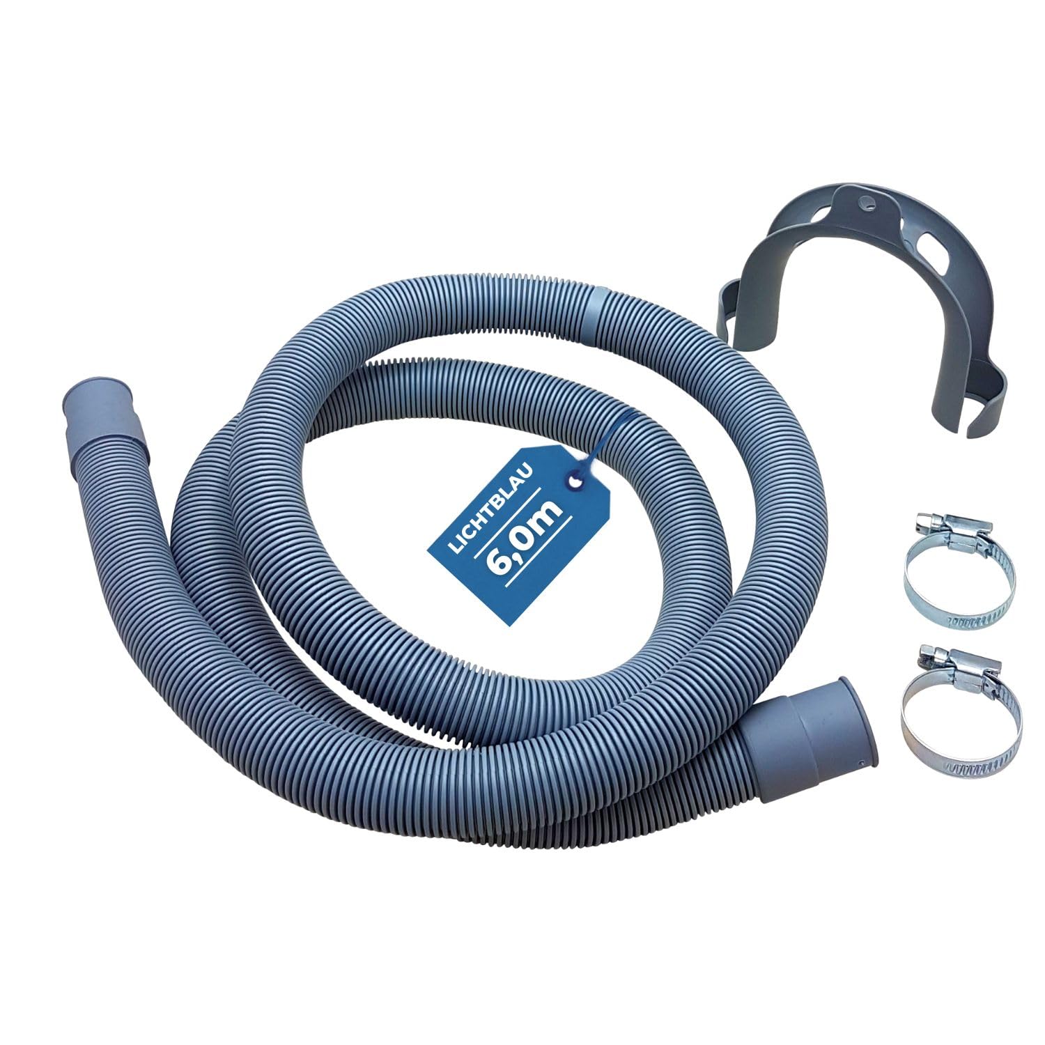 LICHTBLAU Ablaufschlauch 6,0m Waschmaschine Geschirrspüler Komplett Set | Wasserablaufschlauch Universal mit Schlauchschellen & Haltebügel – Abwasserschlauch Spülmaschine Waschmaschine