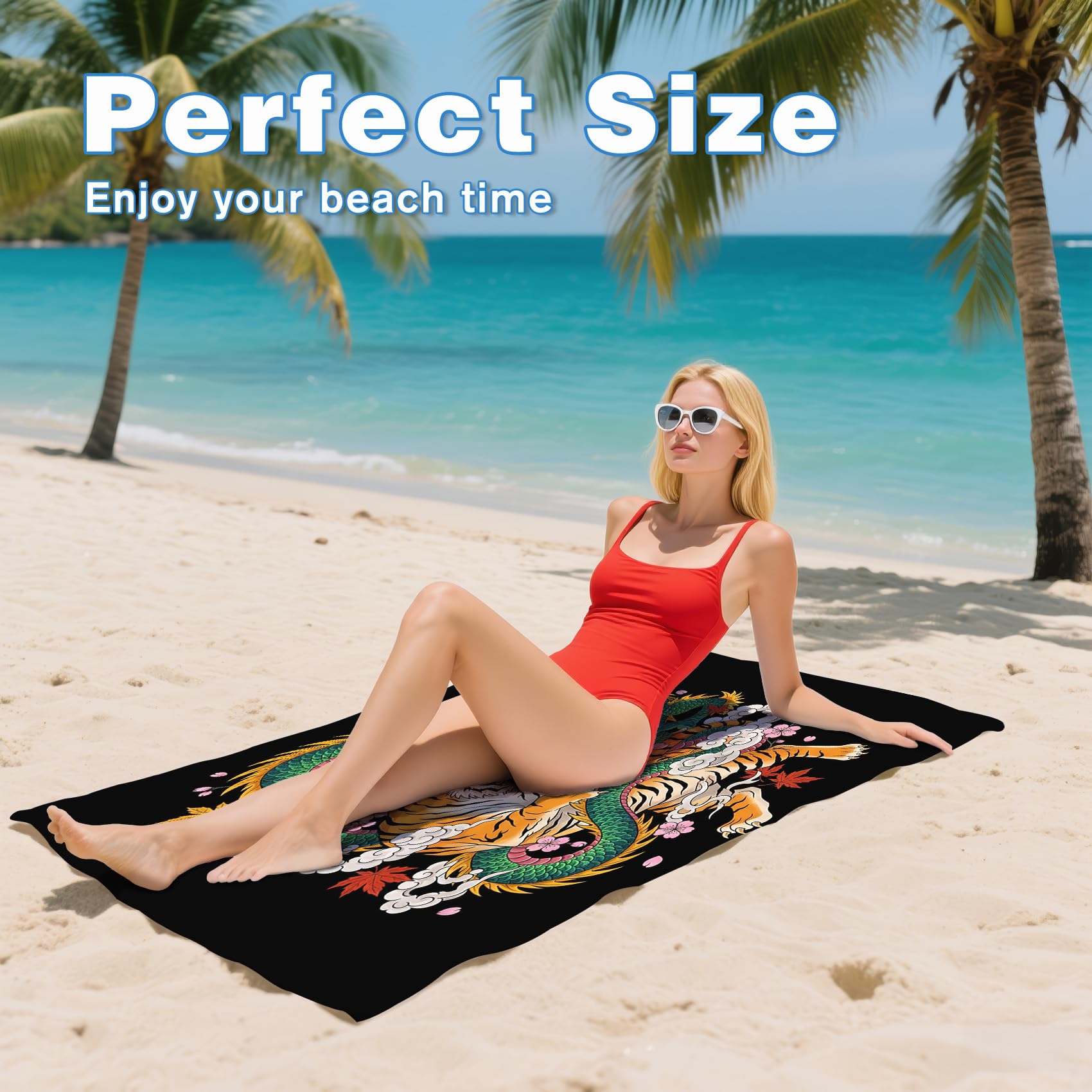 Serviette de Plage XXL Microfibre Dragon Chinois Tigre, Drap de Plage Séchage Rapide Anti Sable & Légère, Serviette de Bain Grande Taille 200x200 cm, Accessoire & Cadeau été