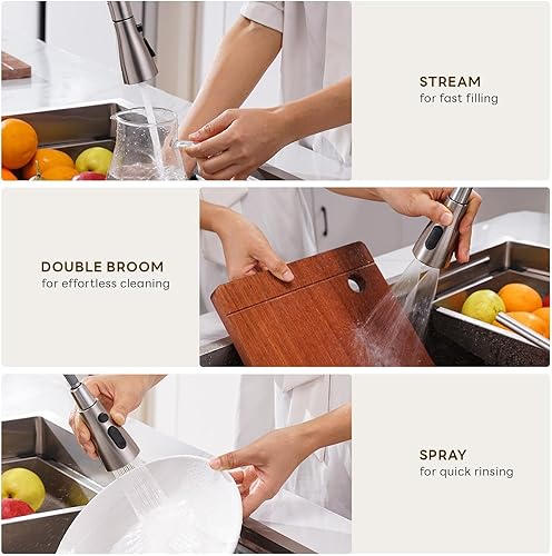 Miniatura 3 de APPASO Grifo de cocina de 2 agujeros, grifo de cocina de acero inoxidable con rociador extraíble, 3 modos, níquel cepillado de arco alto, moderno