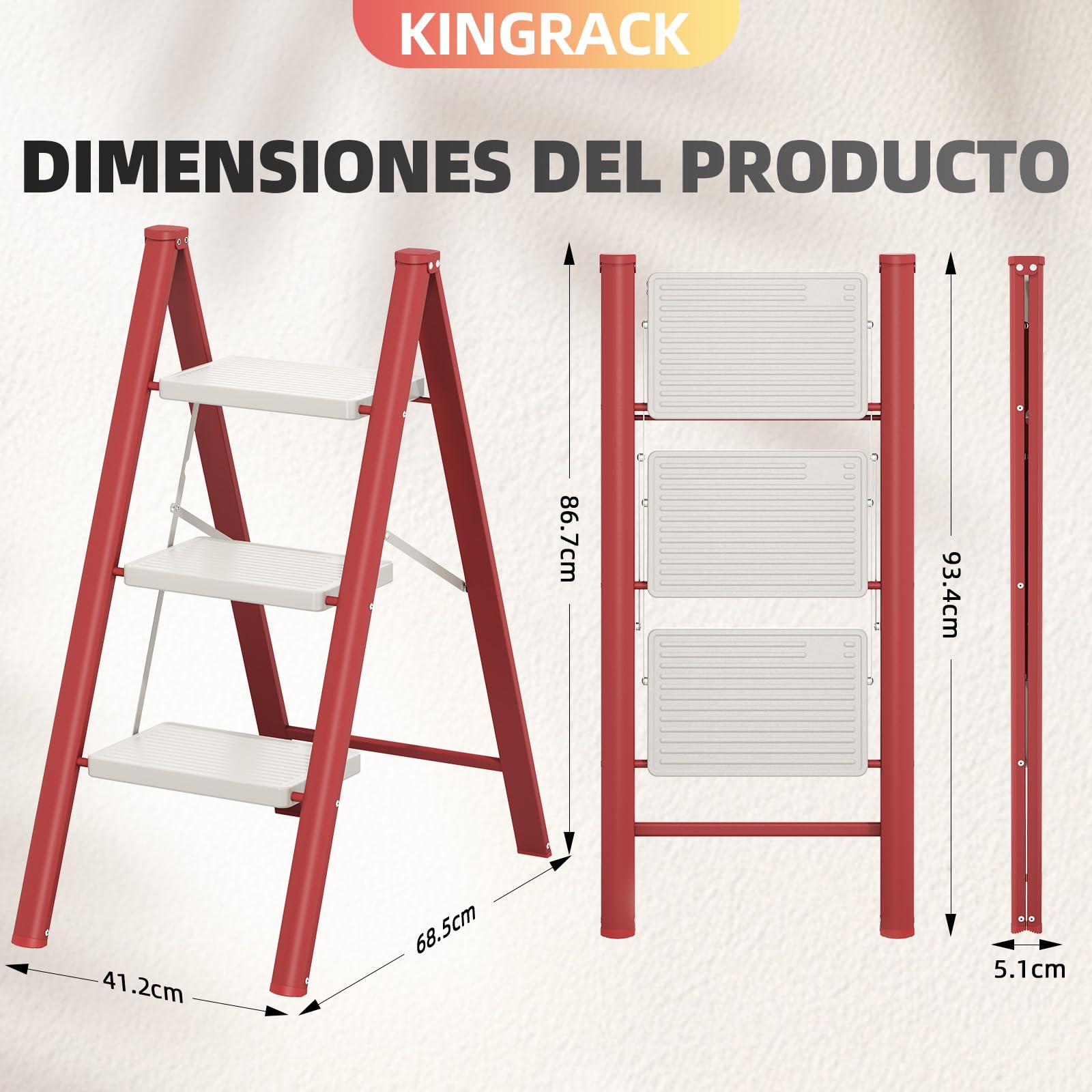KINGRACK Escalera Plegable 3 peldaños sin barandilla, 150KG Rojo