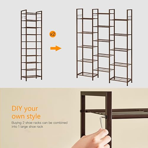 Miniatura 8 de usikey Zapatero estrecho de 10 niveles, 20 a 30 pares, estante alto de metal resistente para zapatos con 4 ganchos, almacenamiento delgado para