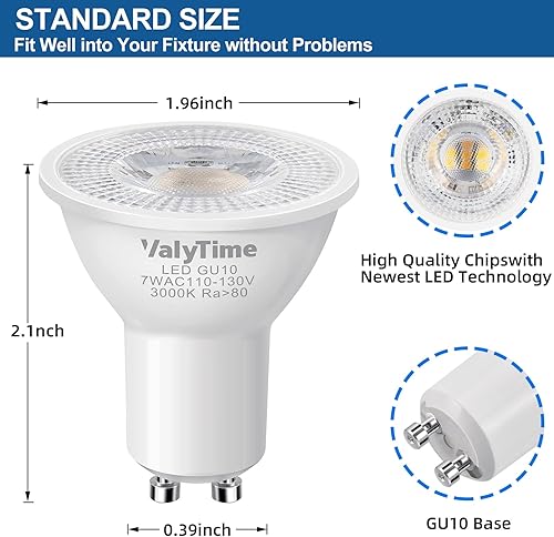 Miniatura 5 de Valytime Bombillas LED GU10 de 7 W, blanco cálido, 3000 K, (equivalente a 50 W a 60 W-75 W) Bombilla halógena de repuesto en forma GU10 38 120 V 650