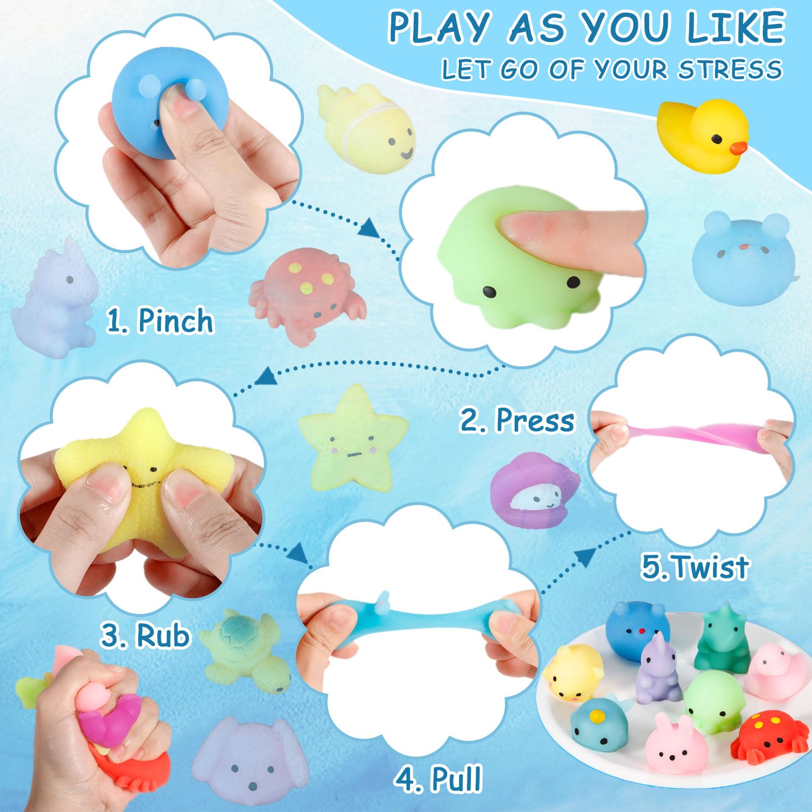Purpledi Squeeze Toys Squishy Giocattoli 50 pezzi per Feste per Bambini, Giocattoli Antistress da Spremere Morbidi , Regalo di Natale,Regalini Fine Festa Compleanno
