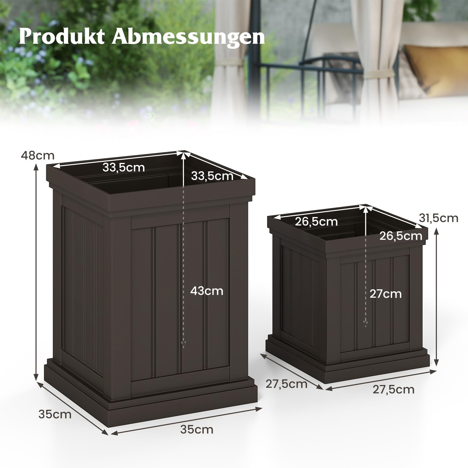 COSTWAY 2 er Pflanzkübel Quadratisch, 48/31,5 cm hoch, Pflanzgefäße wetterfest stapelbar, Blumentöpfe mit Entwässerungslöchern, PP Kunststoff, Übertopf für Garten Terrasse Hinterhof Balkon, Braun