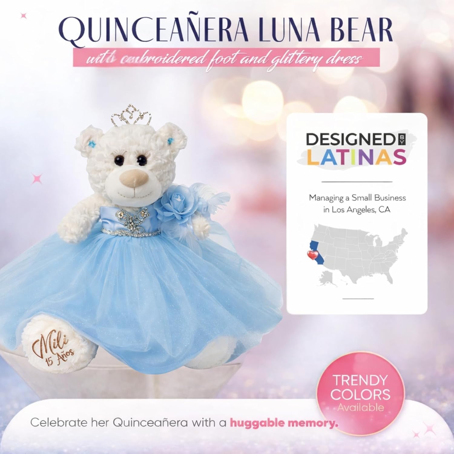 KINNEX COLLECTIONS SINCE 1997 Petite Quinceañera Teddy Bear with Dress – Decorative Accent Keepsake for 15 Años, OSO Quinceañera Decorativo B09631-4 (Baby Blue)