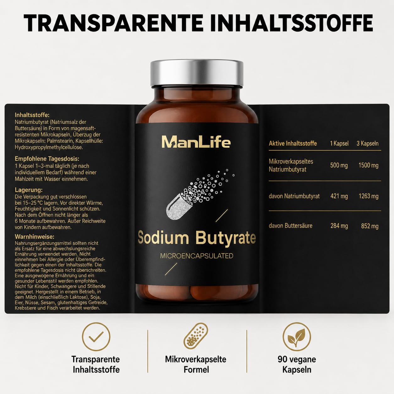 Natriumbutyrat 1500 mg mikroverkapselt, Buttersäure für Darmflora & unterstützt das Mikrobiom | 90 vegane Kapseln Sodium Butyrate