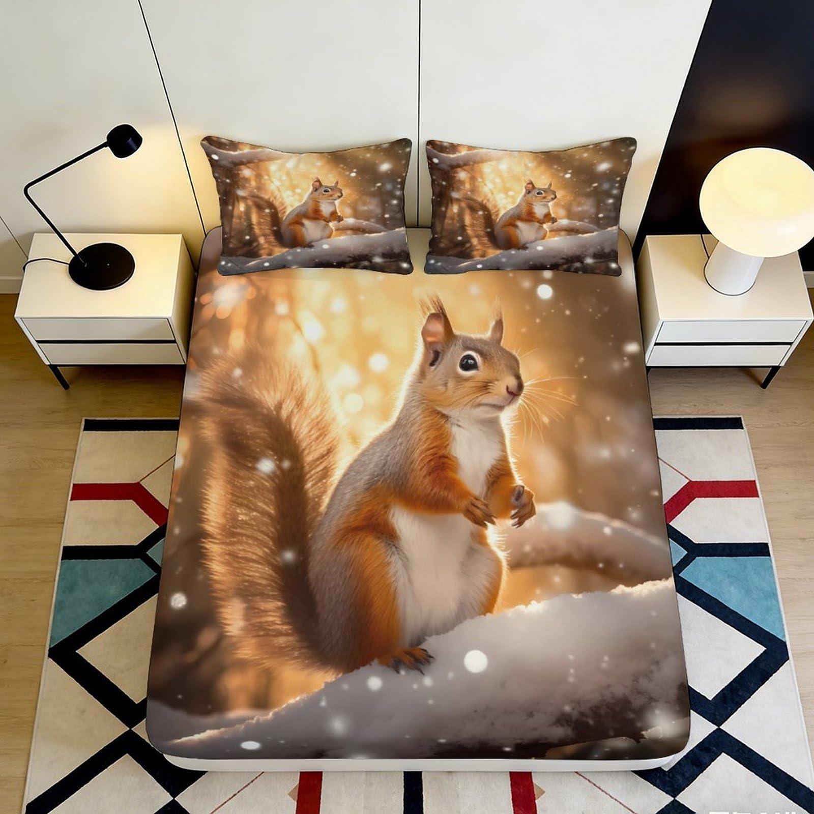 3D Printed Squirrel Pattern Fitted Sheet Microfiber Soft Durable Winter Scene Bed Cover for Bedroom Dormitory Guest Room Mattress Protection Decoration 120x200x25cm