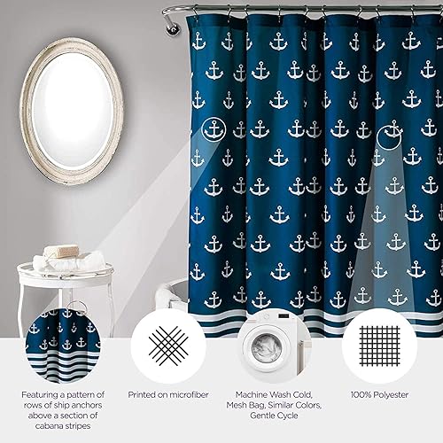Miniatura 2 de Lush Decor - Cortina de ducha, accesorios de baño con temática de playa (azul marino, estampado de ancla) 72 x 72 pulgadas