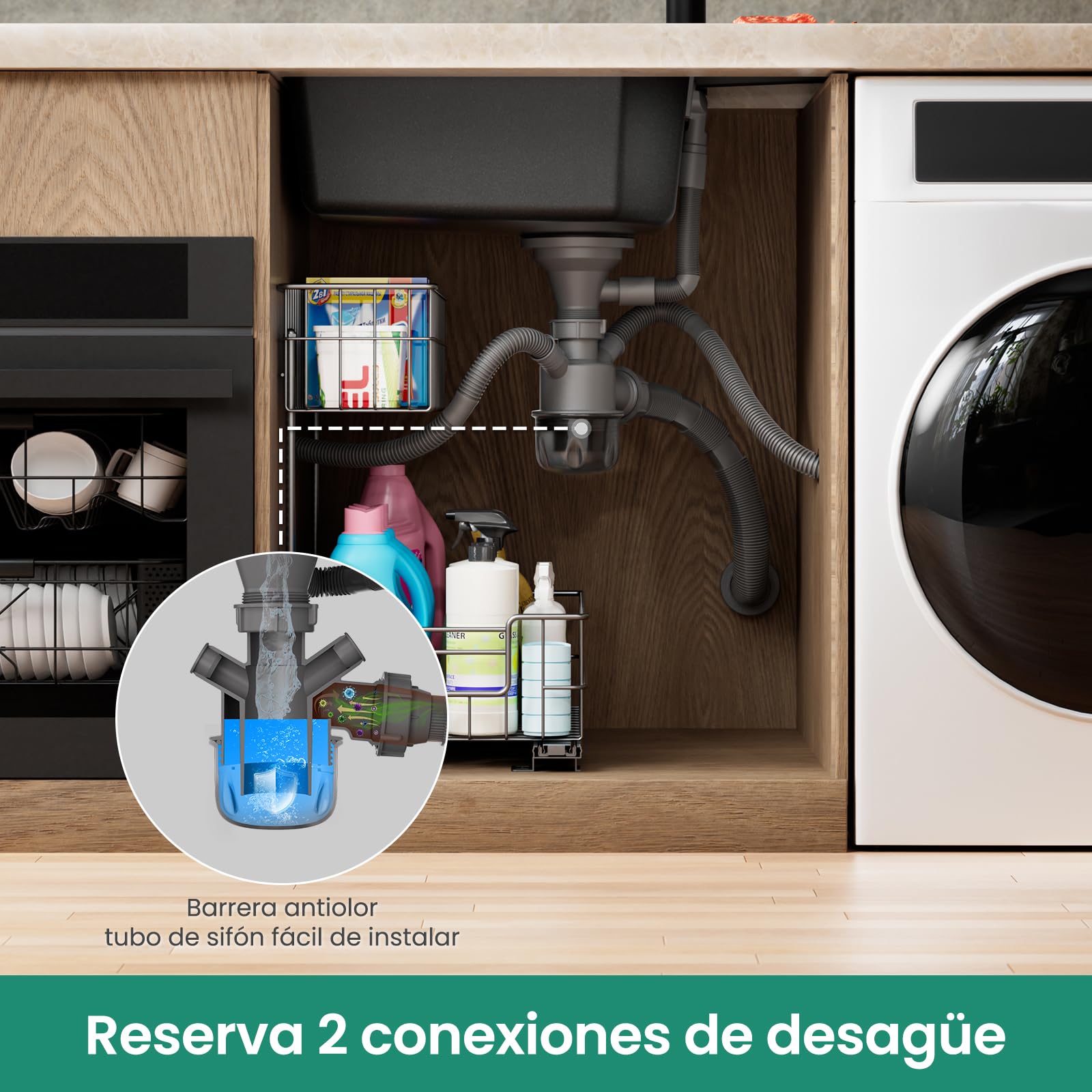 Fregadero ANYCEE Negro 86 por 45 Escurridor Set Mueble 50 cm Grifo Extensible Ducha