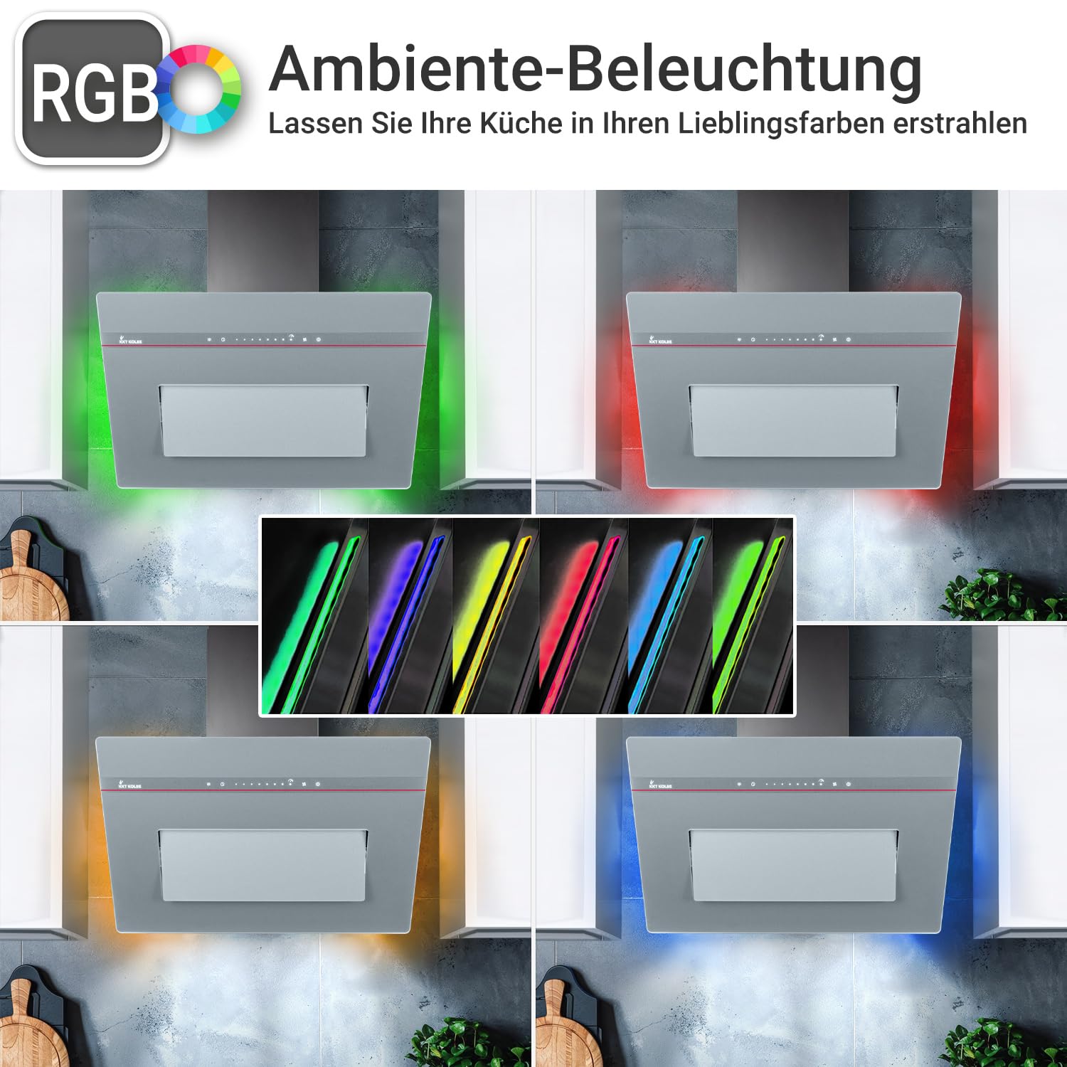 KKT KOLBE A+++ cappa aspirante 80 cm 782 cbm/h ricircolo aria di scarico senza testa | vetro grigio opaco | ricarica automatica | Smart WiFi App Wi-Fi | SensorTouch | Illuminazione LED RGBW |