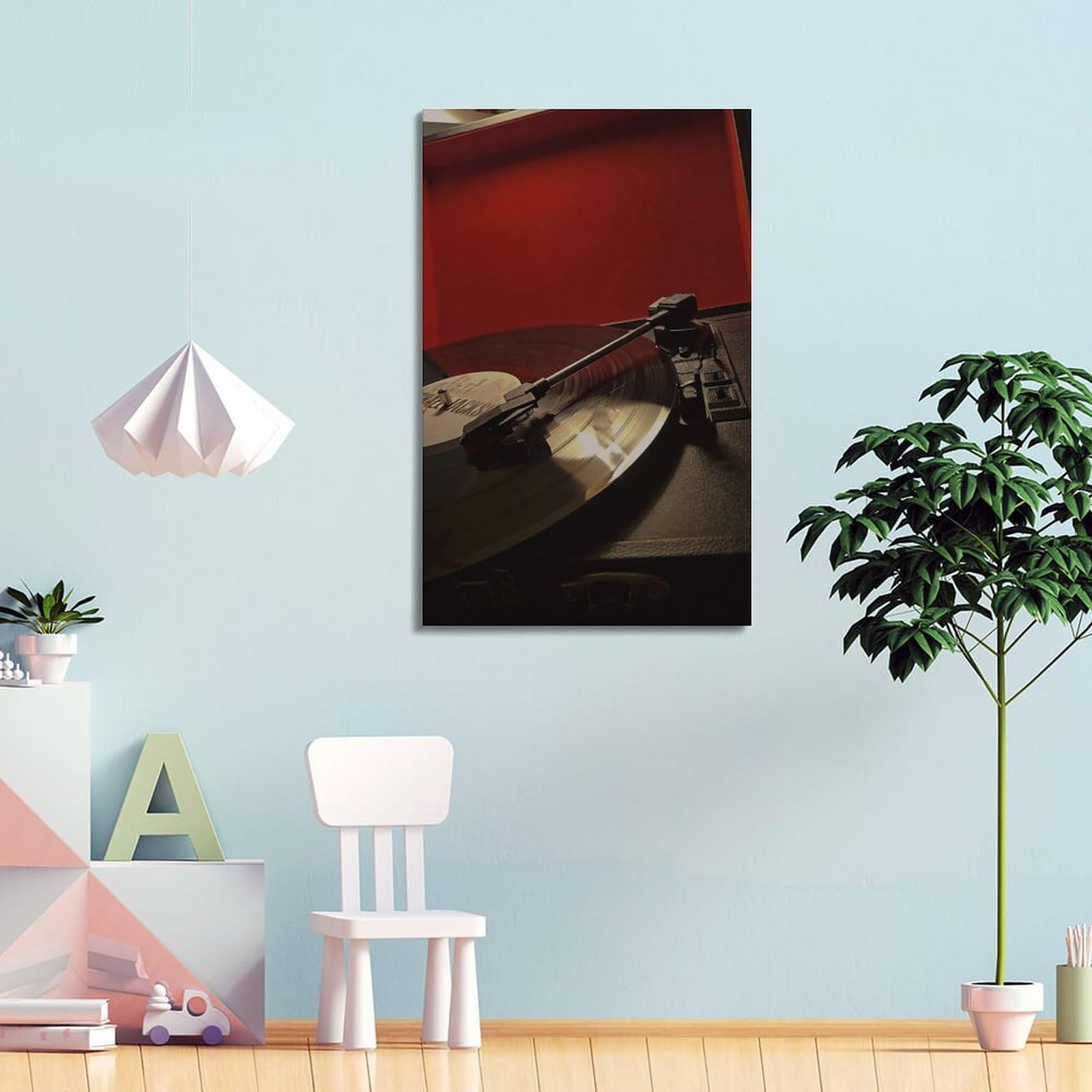 Gramofon z płytą winylową w obudowie z czerwoną podszewką sztuka ścienna, retro muzyka dekoracja do domu i salonu plakat dekoracyjny obraz płótno plakaty ścienne i obraz artystyczny druk nowoczesny