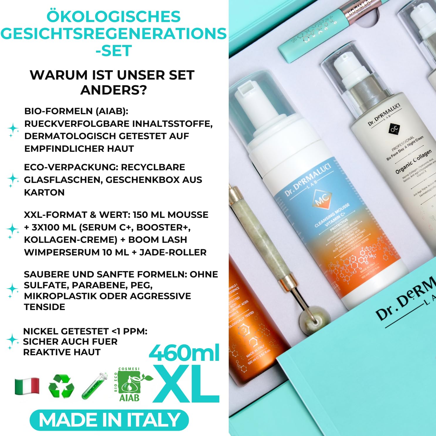 Dr. Dermaluci Lab - Geschenkset Damen/Herren BIO 460ml - Anti-Aging, Strahlend - Mousse + Vitamin C Serum + Booster + Kollagen Creme + Jade Roller + Wimpernserum - Made in Italy
